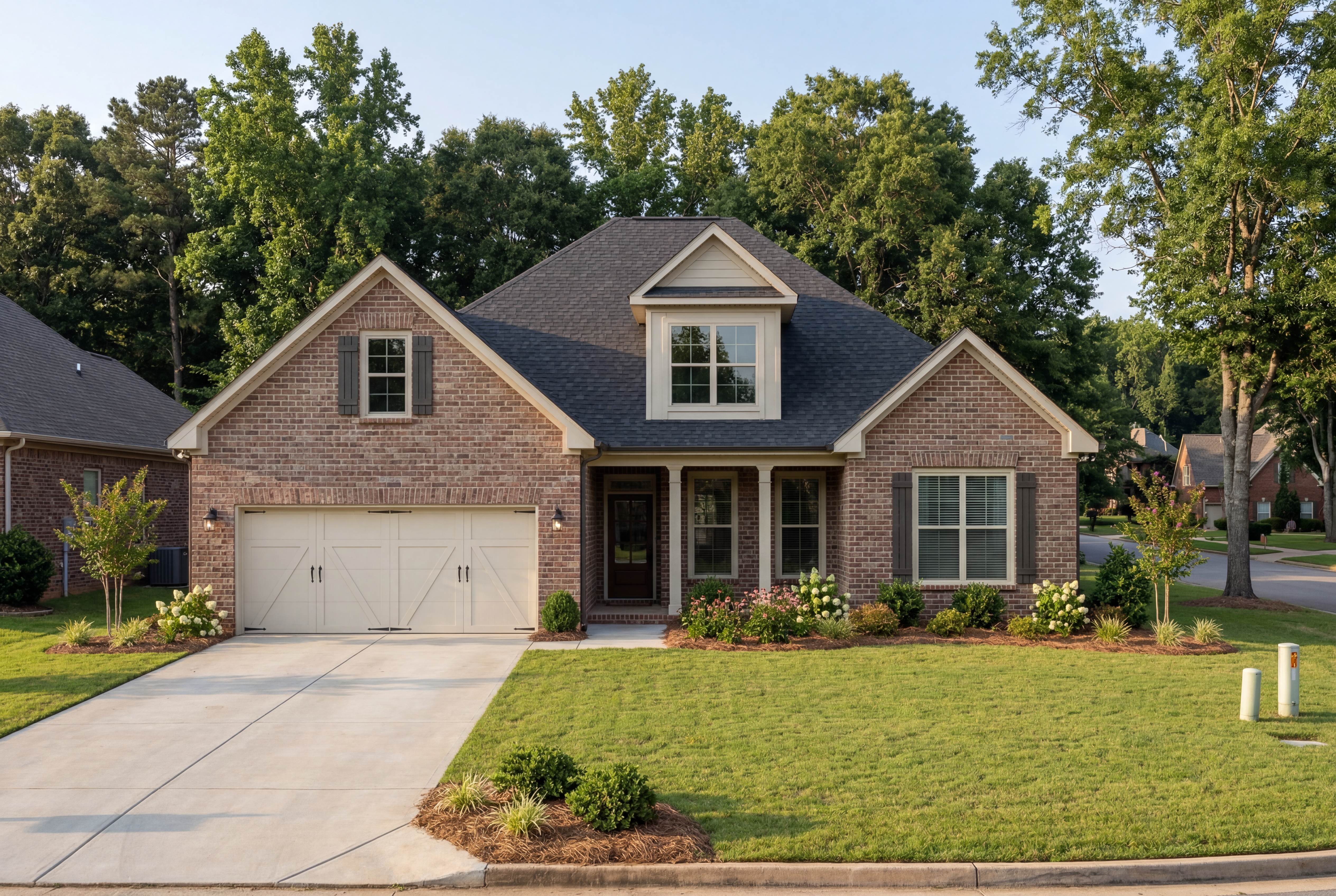 The Rockford by Davidson Homes featuring a brick exterior, 2-car garage, and landscaped front yard in Meridianville, AL.