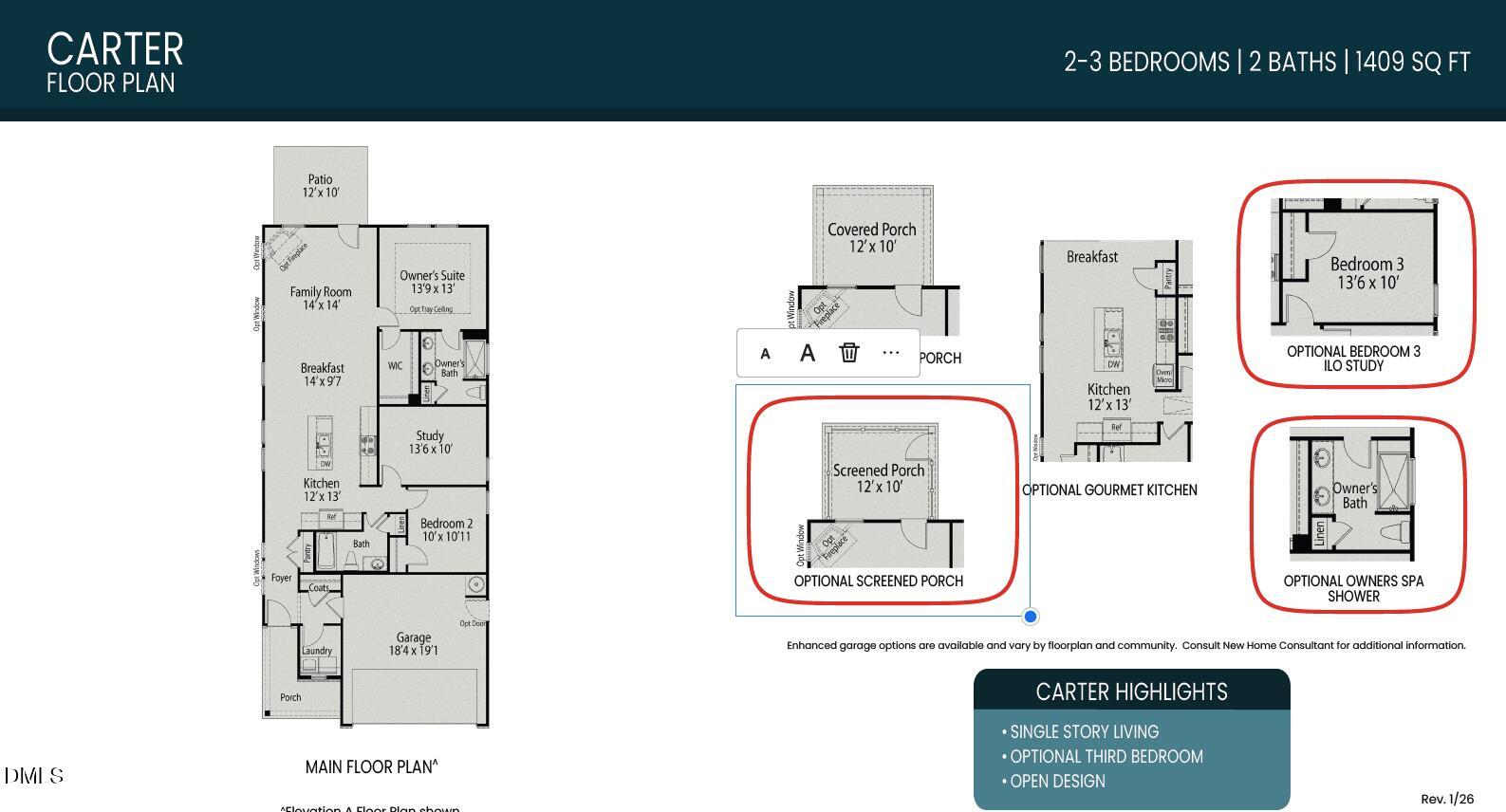 Detailed The Carter C floor plan: 3-bedroom, 2-bath, 1,409 sq ft 1-story home with 2-car garage in Gregory Village, Lillington, NC