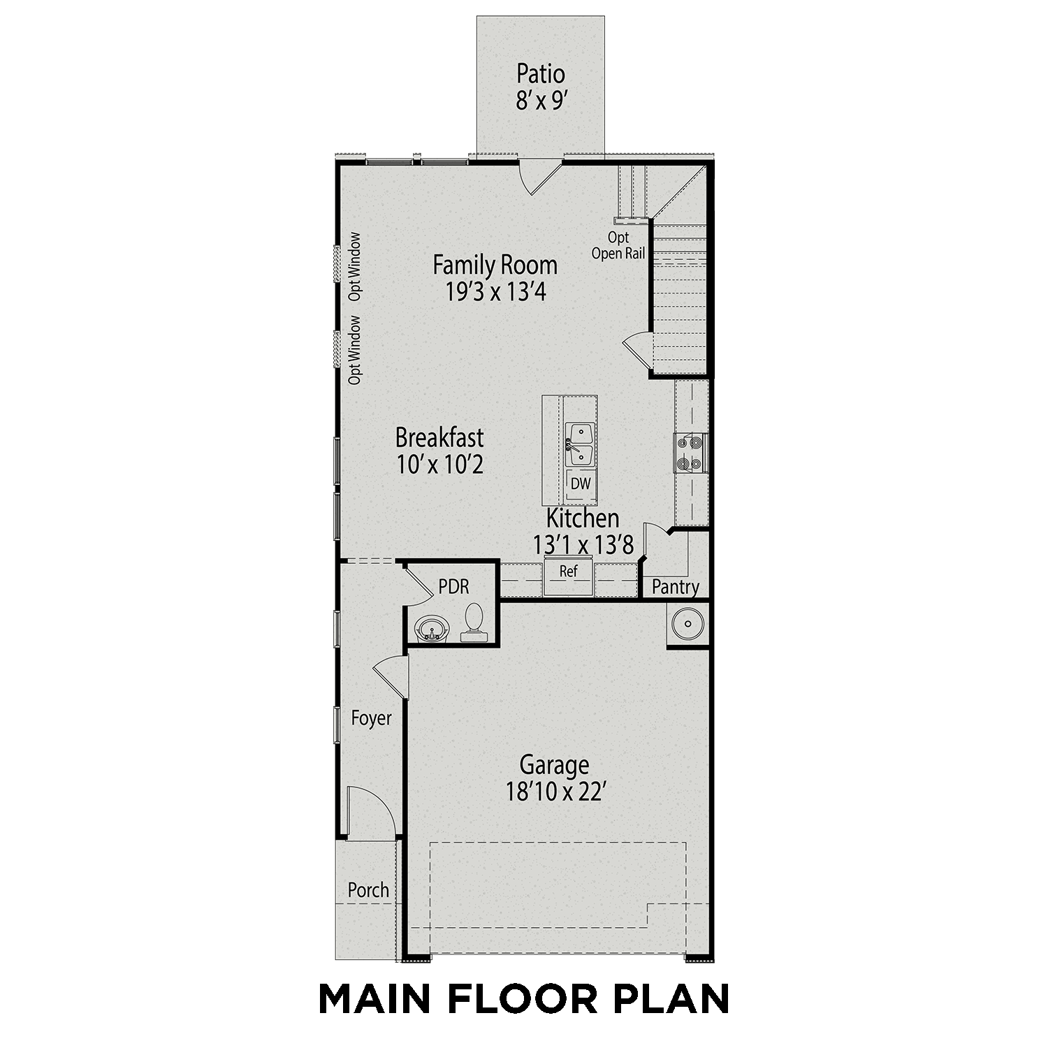 Main floor plan of The Durham showcasing open family room, gourmet kitchen, breakfast nook, 2-car garage, and patio in Lillington NC