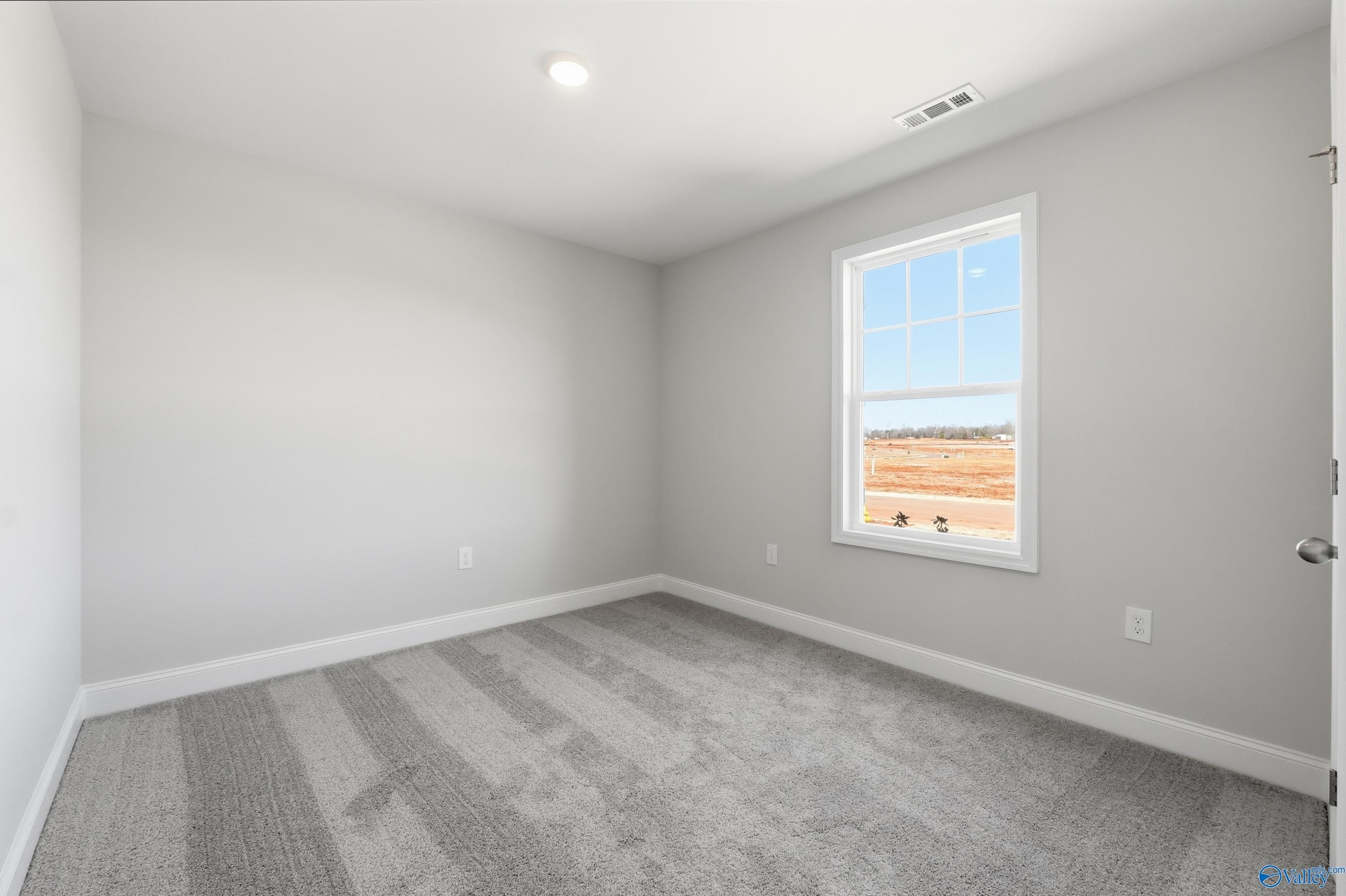 Bright empty bedroom with gray walls, carpet flooring, and window overlooking sunny outdoors in Davidson Homes The Butler, New Market, Alabama