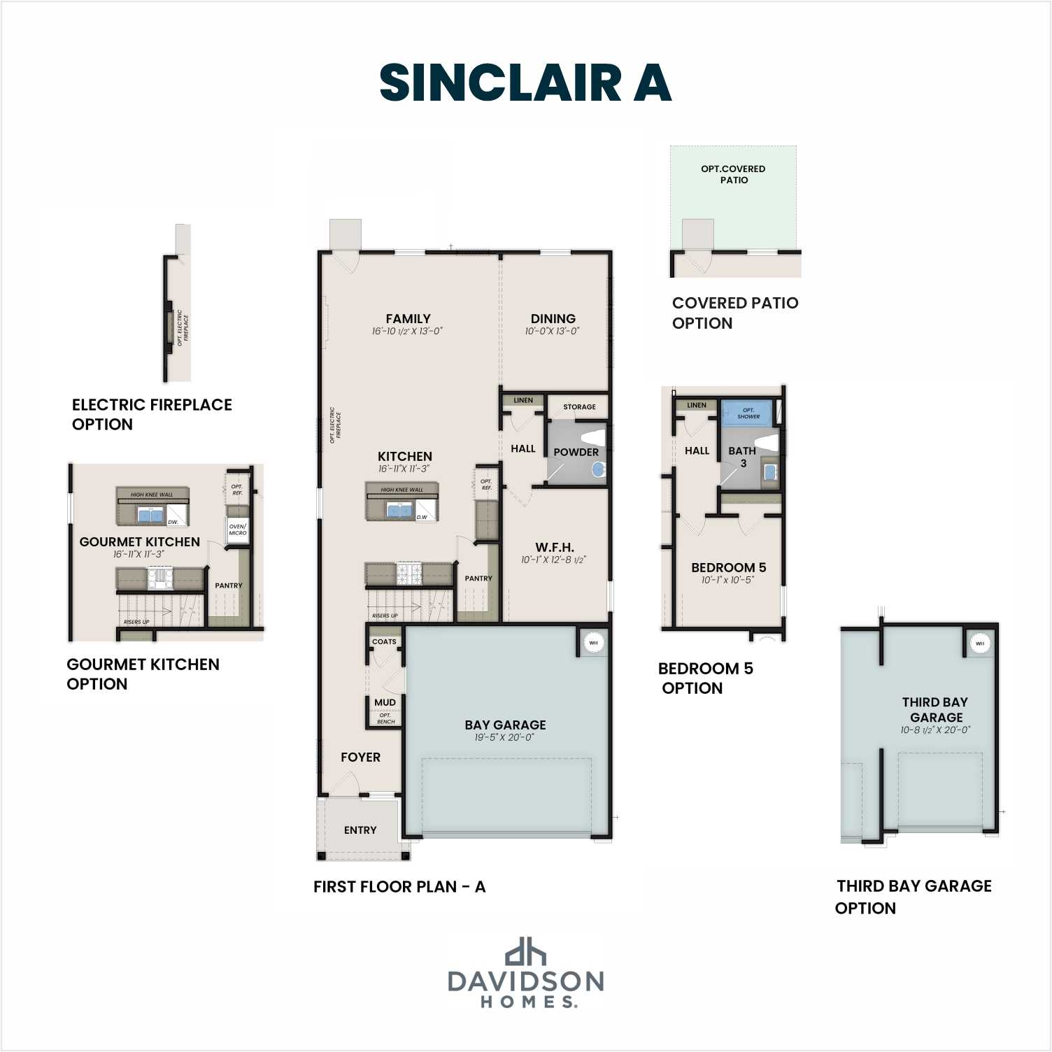 First floor plan of Sinclair A by Davidson Homes: gourmet kitchen, family room, dining area, electric fireplace, and two-car garage