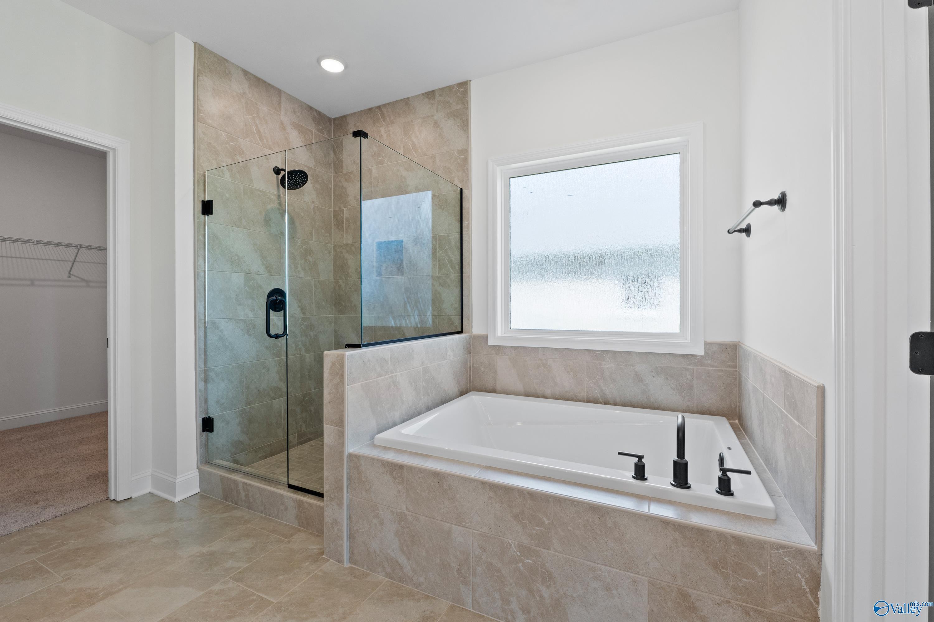 Modern master bathroom with glass shower enclosure, freestanding tub, and tiled accents in Davidson Homes The Rockford B, Toney, Alabama