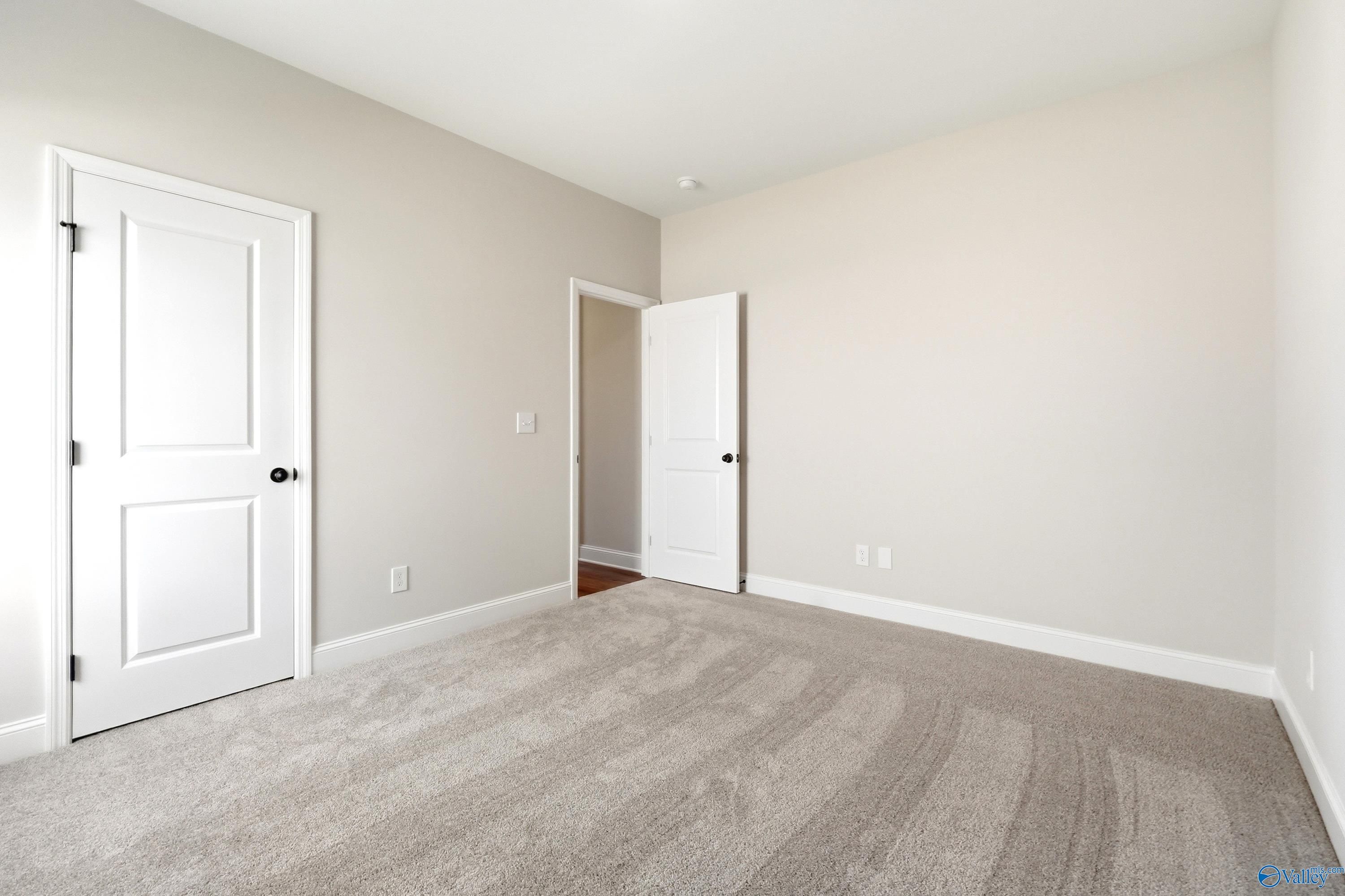 Spacious carpeted bedroom with neutral walls in The Daphne floor plan by Davidson Homes in Clearview, Hazel Green, Alabama.