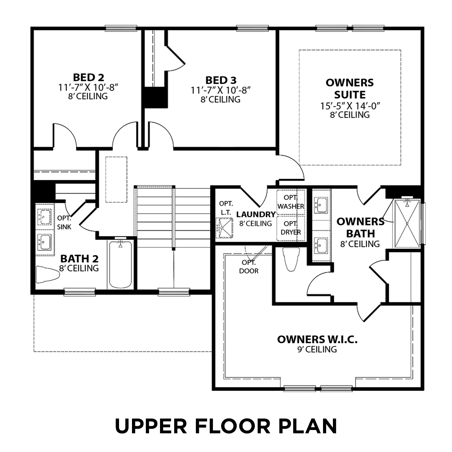 Upper floor plan of The Gordon C showcasing owner's suite with 9' ceilings, bedrooms 2 and 3, baths, and laundry in Davidson Homes design