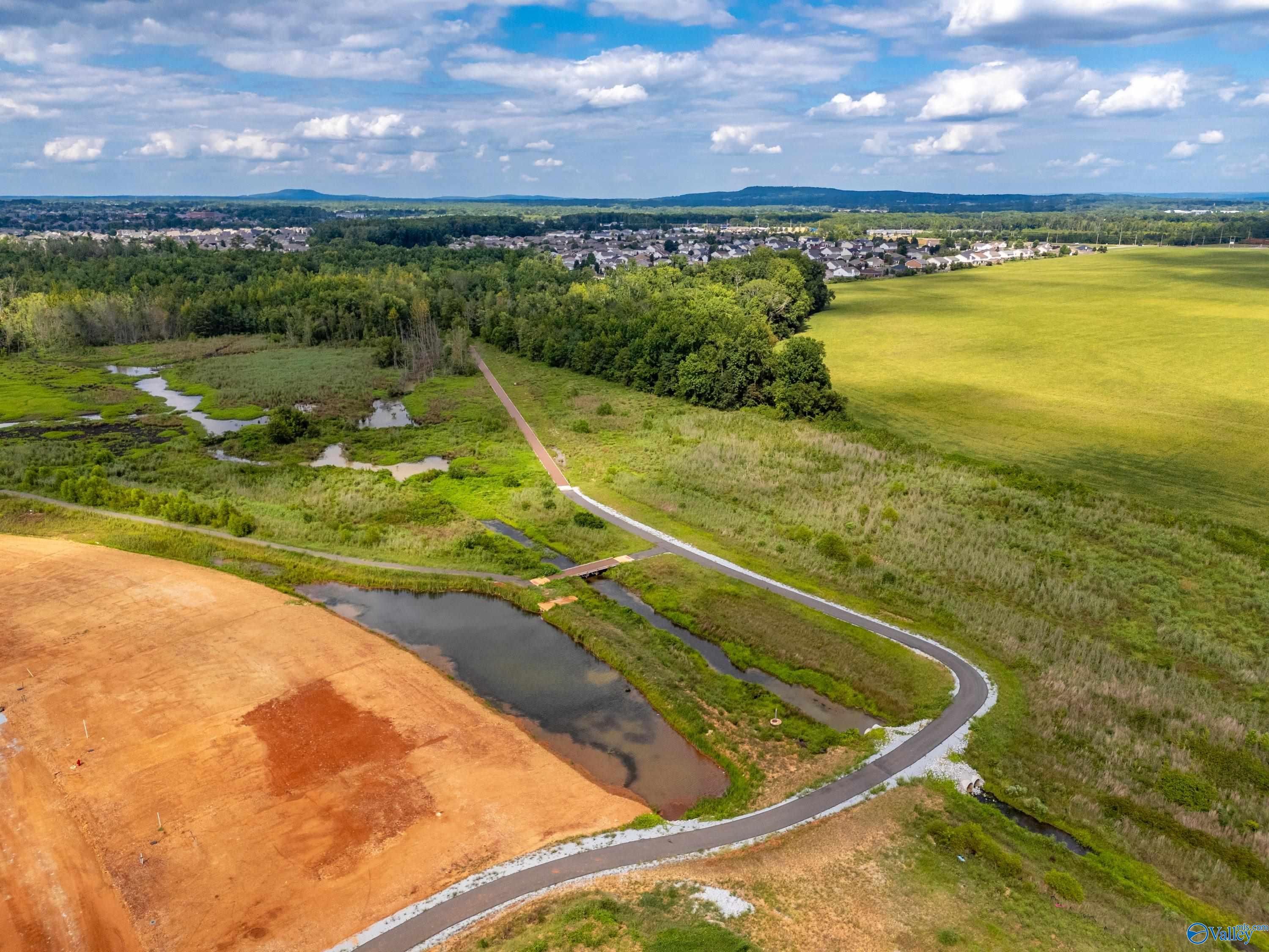 Aerial view of lush green fields, pond with boardwalk bridge, and wooded trails in Barnett's Crossing, Madison, Alabama, by Davidson Homes
