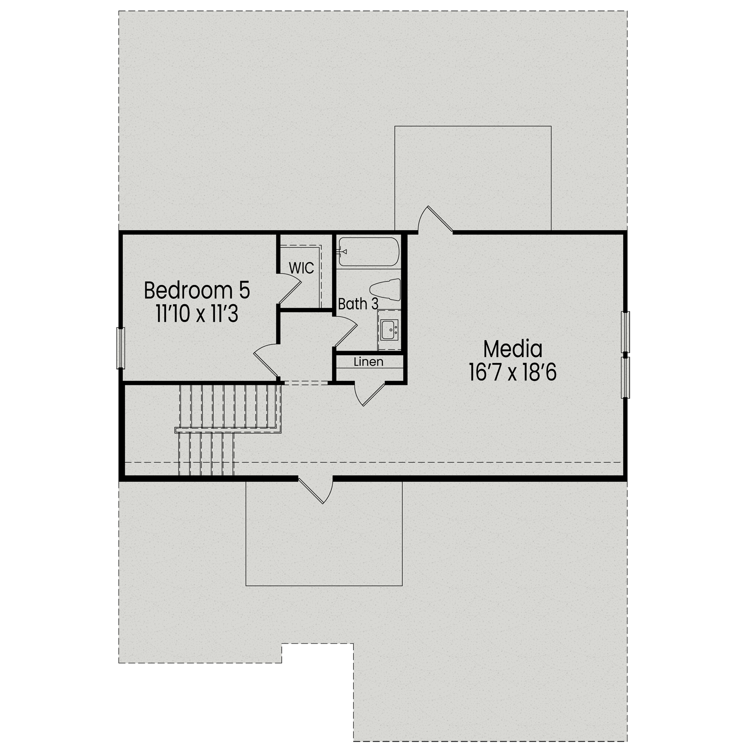Upper floor layout of The Aspen C showcasing Bedroom 5, full bath, half bath, media room, and linen closets