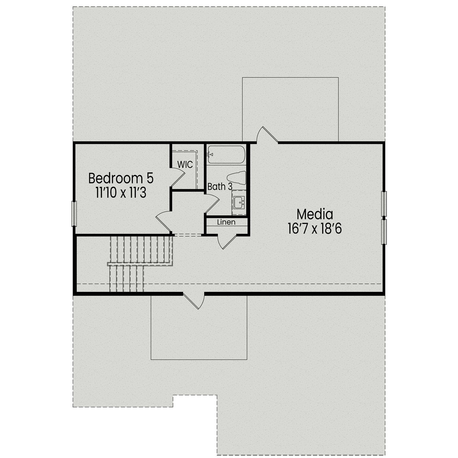 Second floor layout of The Aspen B home design featuring 11x13 Bedroom 5, media room, full bath, and linen closet