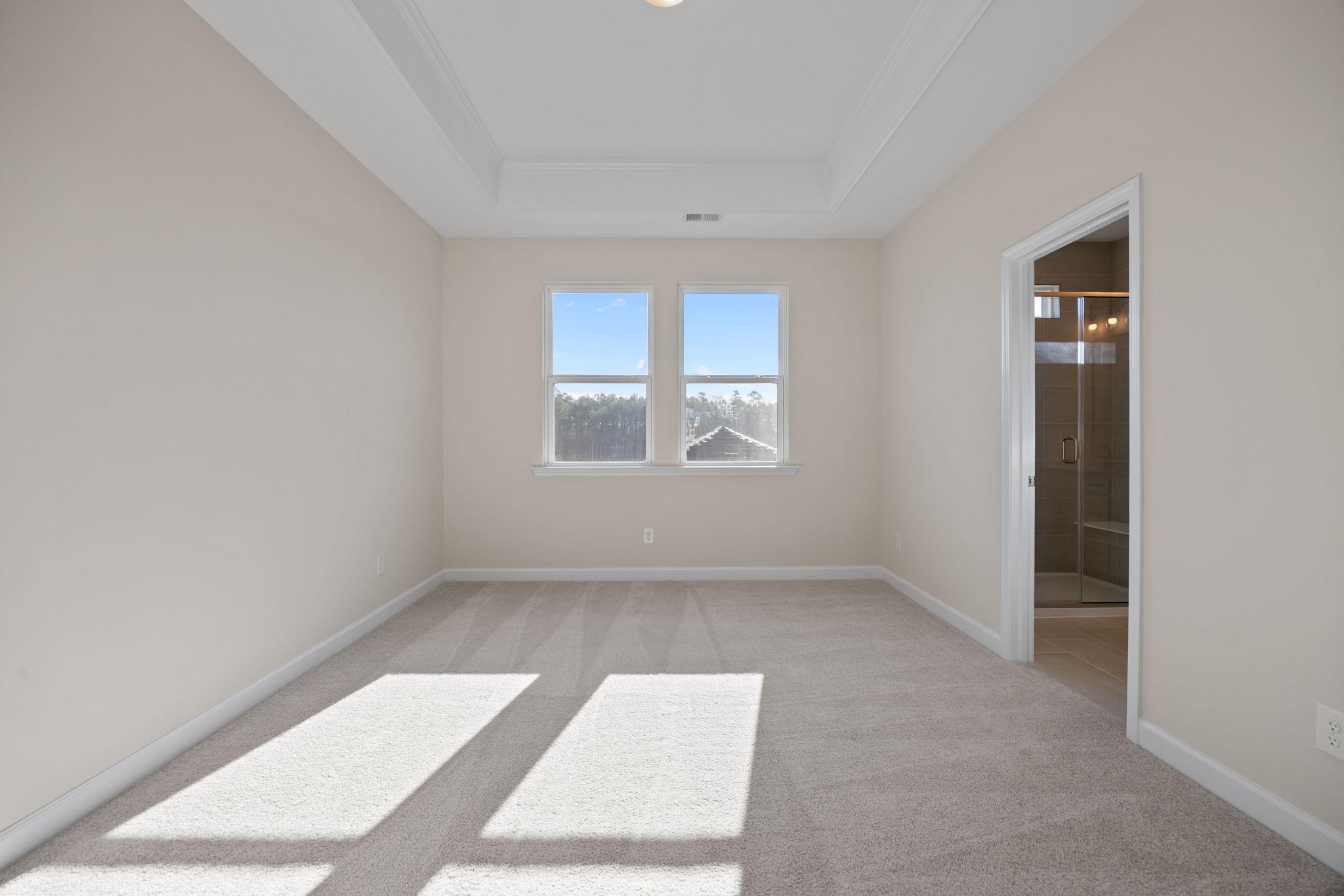 Spacious bedroom with tray ceiling and en-suite bathroom at Forestville Yard in Knightdale, NC by Davidson Homes.