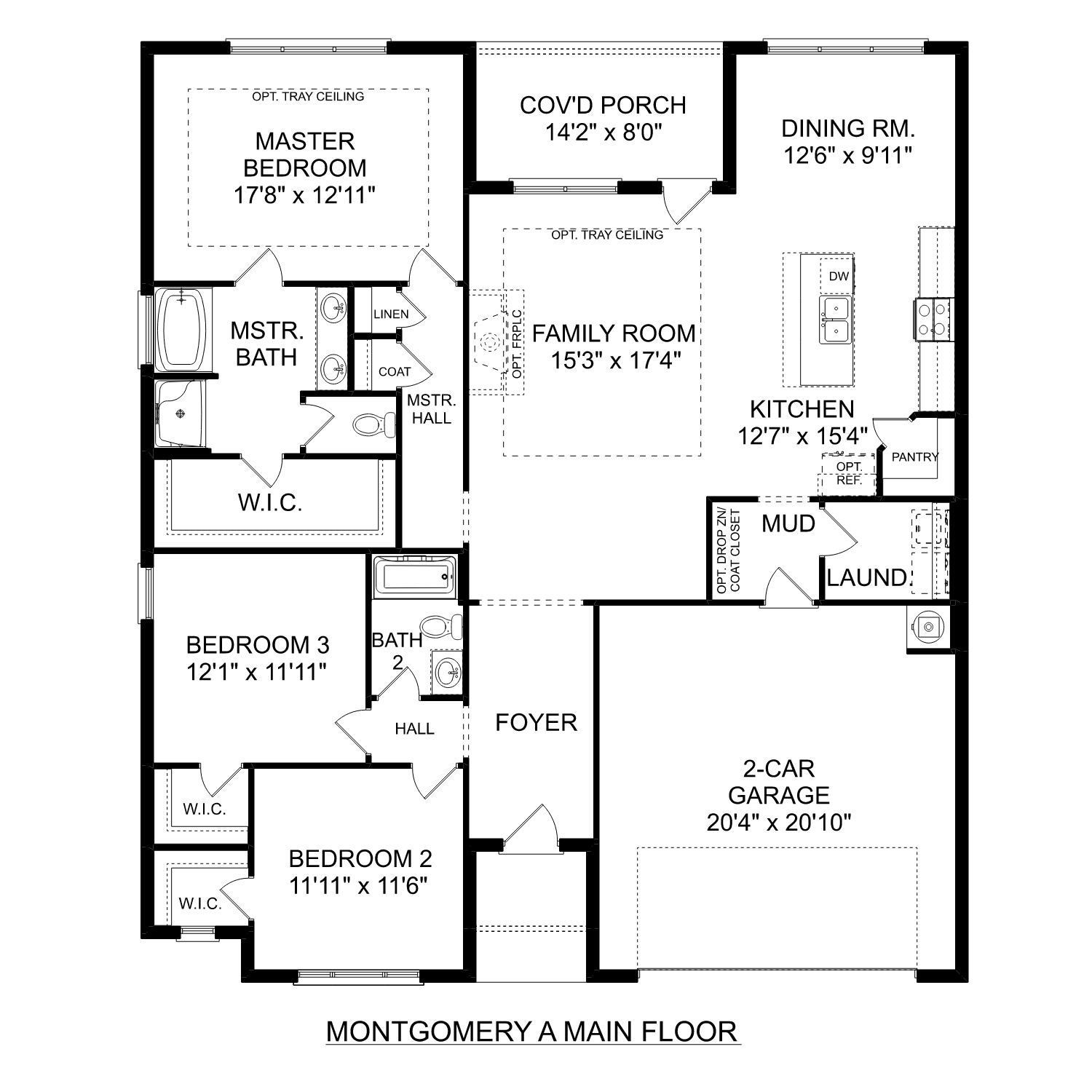 The Montgomery floor plan: 3-bed, 2-bath, 1,912 sq ft single-story home with master suite, open kitchen, family room, and 2-car garage