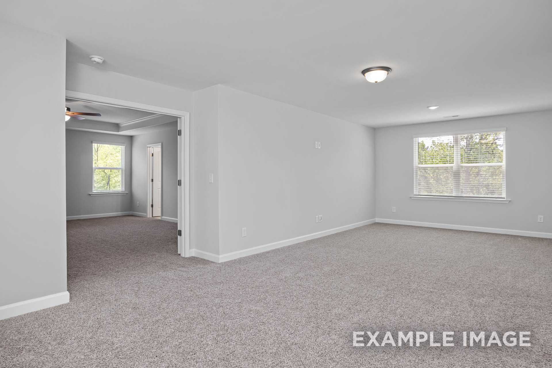 Spacious empty bedroom in The Preston B home design with gray walls, carpeted floors, and large window views