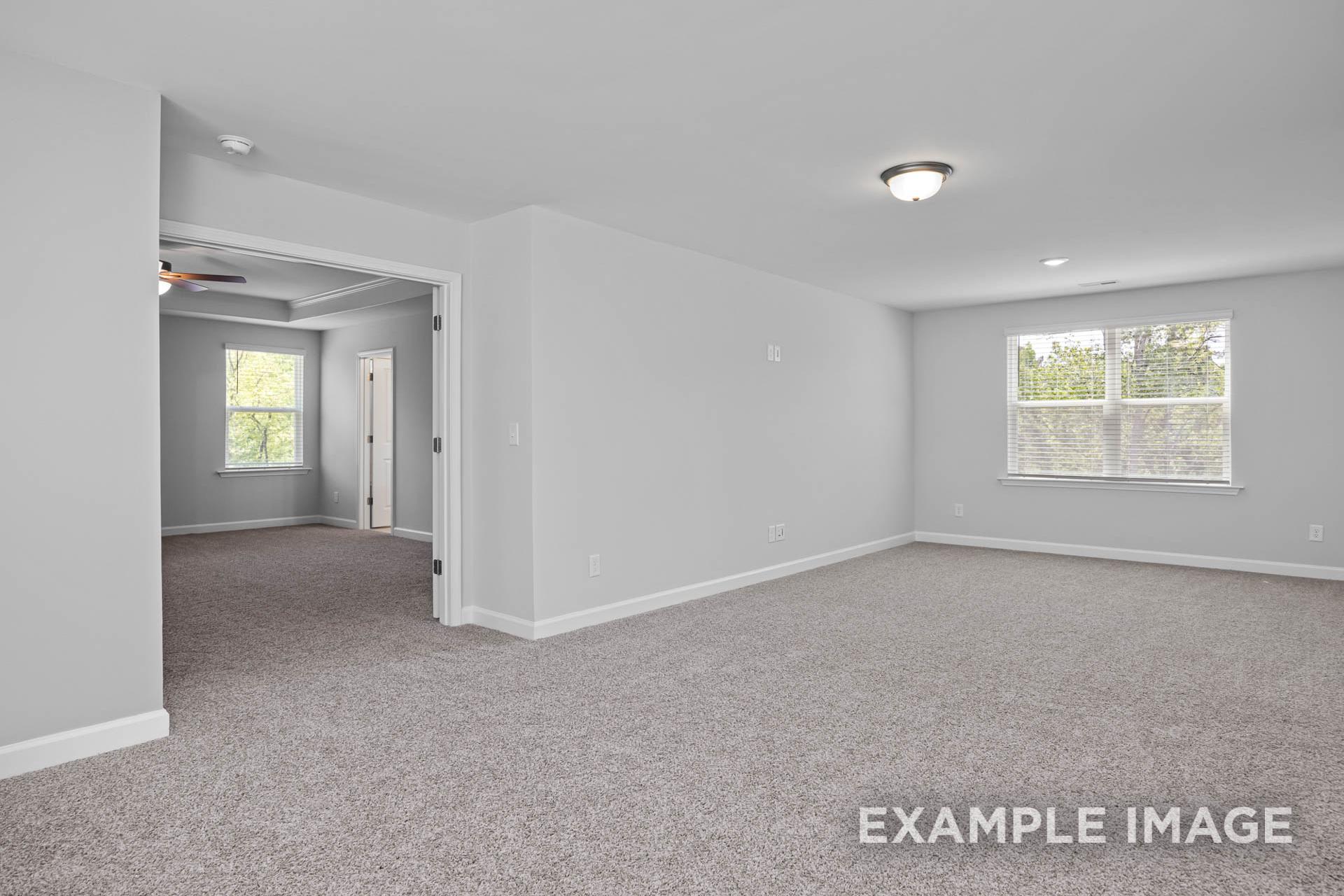 Spacious empty bedroom in The Preston B home design with gray walls, carpeted floors, and large window views