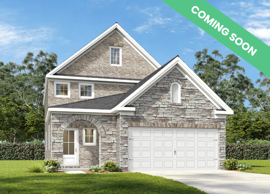 The Pinecrest J elevation featuring a two-story design with a brick and shingle exterior and a two-car garage.