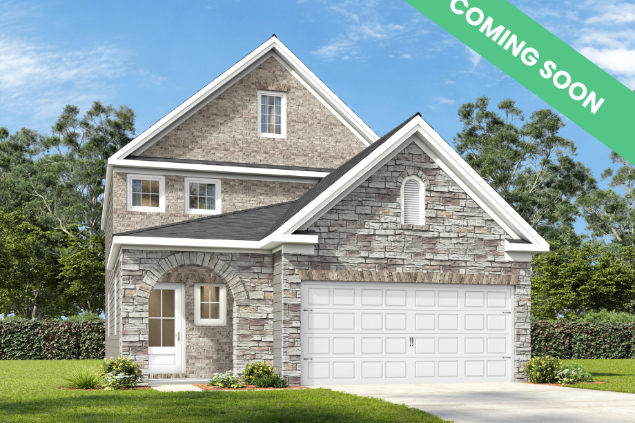 The Pinecrest J elevation featuring a two-story design with a brick and shingle exterior and a two-car garage.