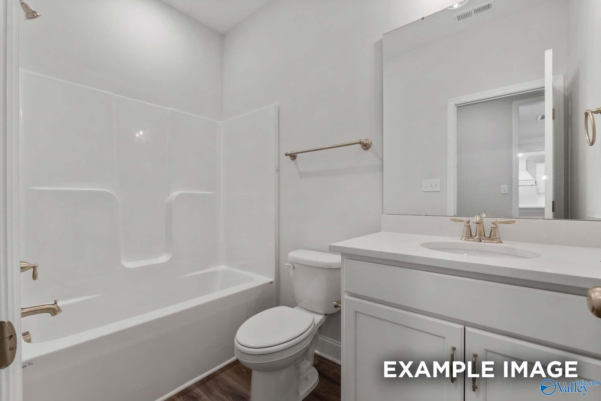 Modern bathroom featuring bathtub-shower combo, white vanity with brass faucet, and mirror in Davidson Homes The Shelby C, Arab, Alabama