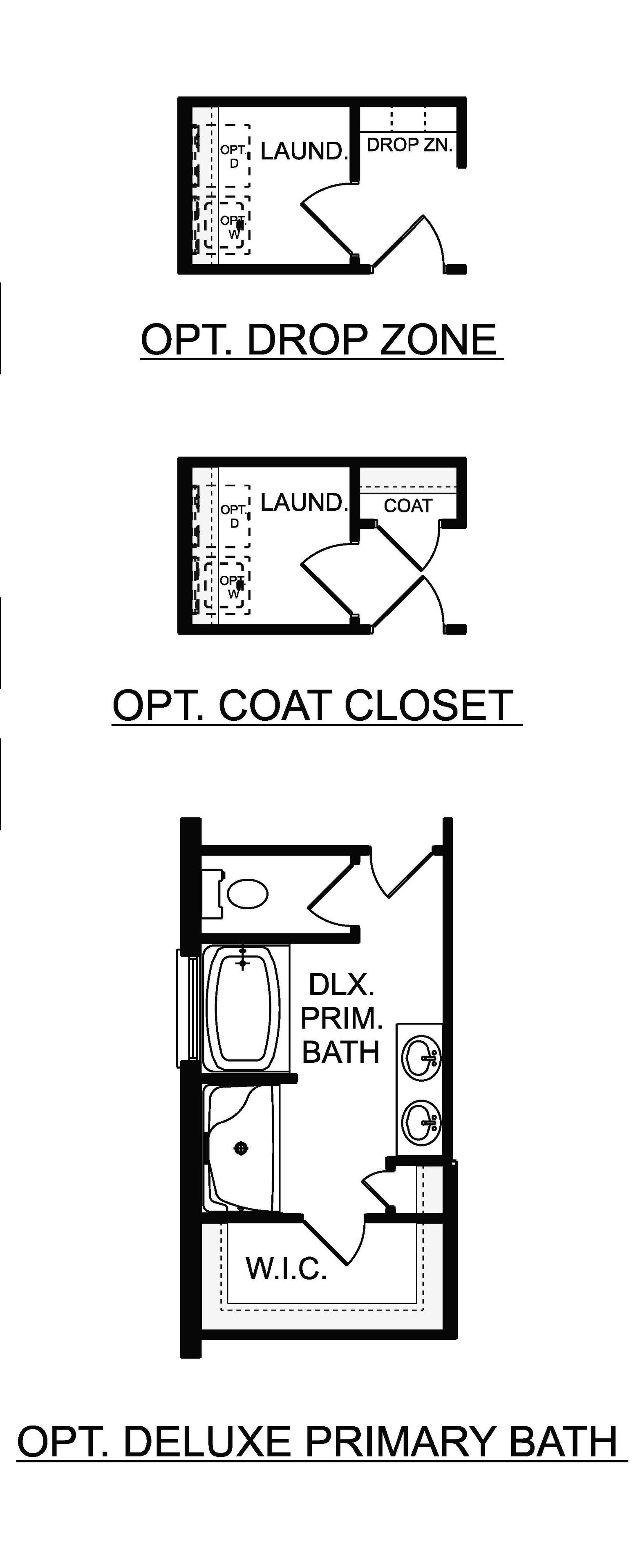 The Franklin V floor plan details: laundry drop zone, optional coat closet, deluxe primary bath with tub, shower, and WIC
