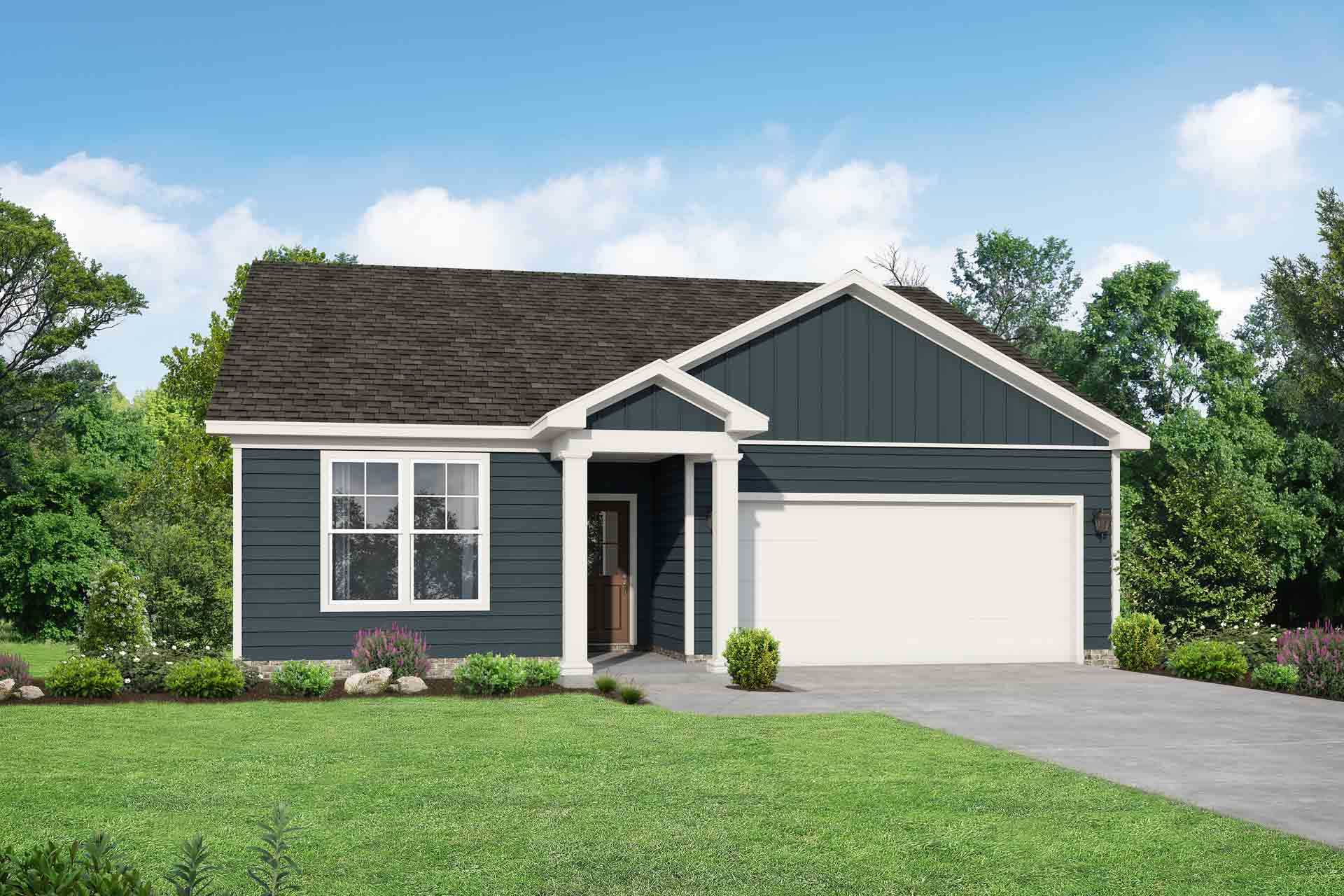 Navy blue Craftsman-style Franklin C single-story home elevation with gabled roof, front porch, 2-car garage, and lush landscaped yard