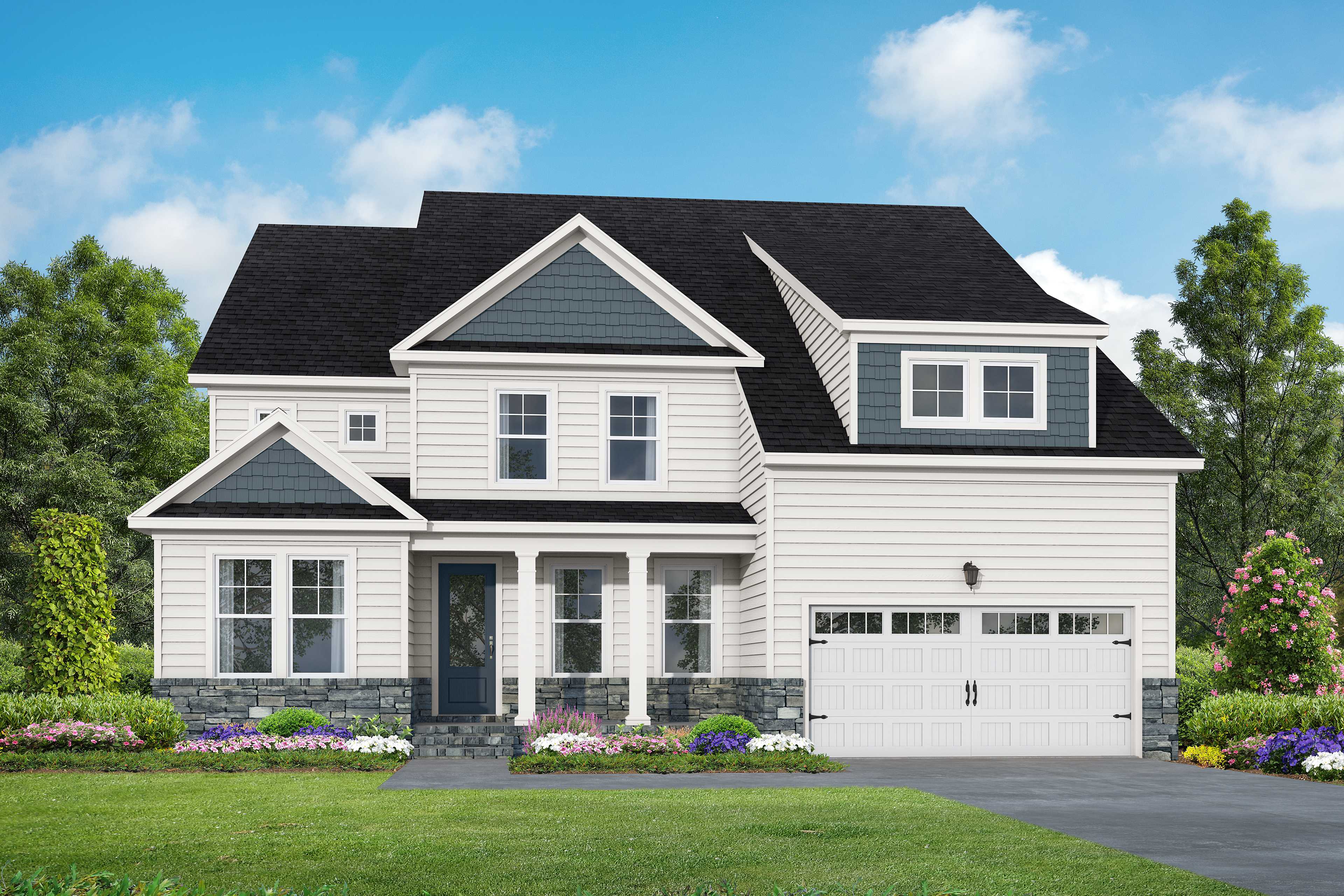 Modern two-story Crawford B home elevation with white siding, dark roof, blue accents, columned porch, and landscaped yard in Raleigh NC