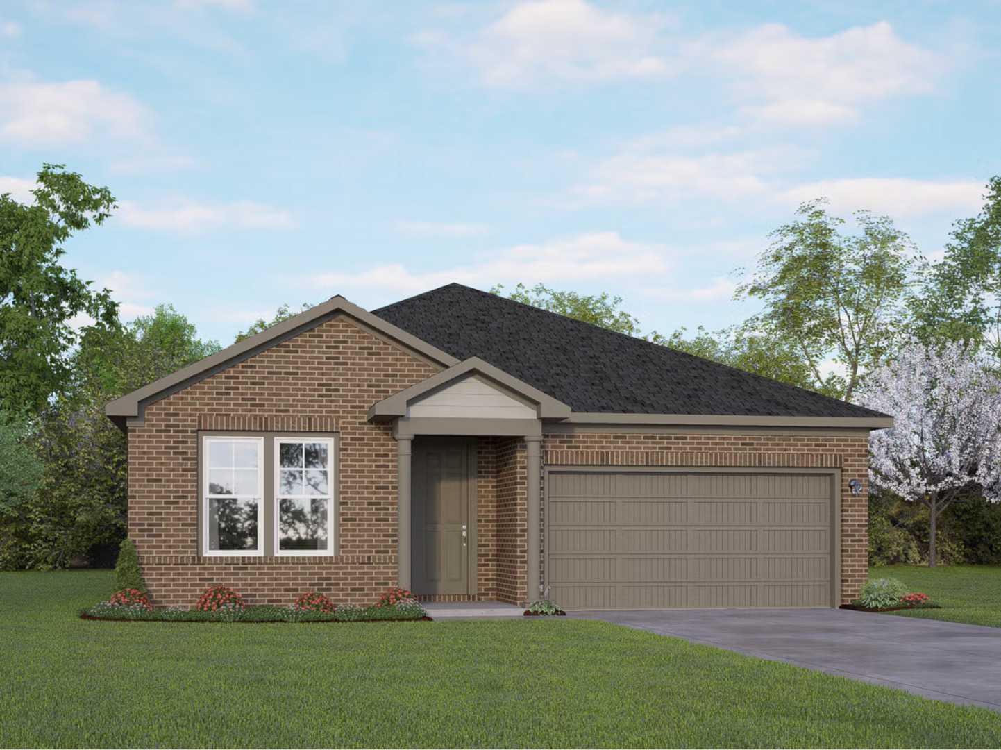 Modern 1-story brick home with 2-car garage, front entry, and landscaped yard in Bricewood, San Antonio, Texas