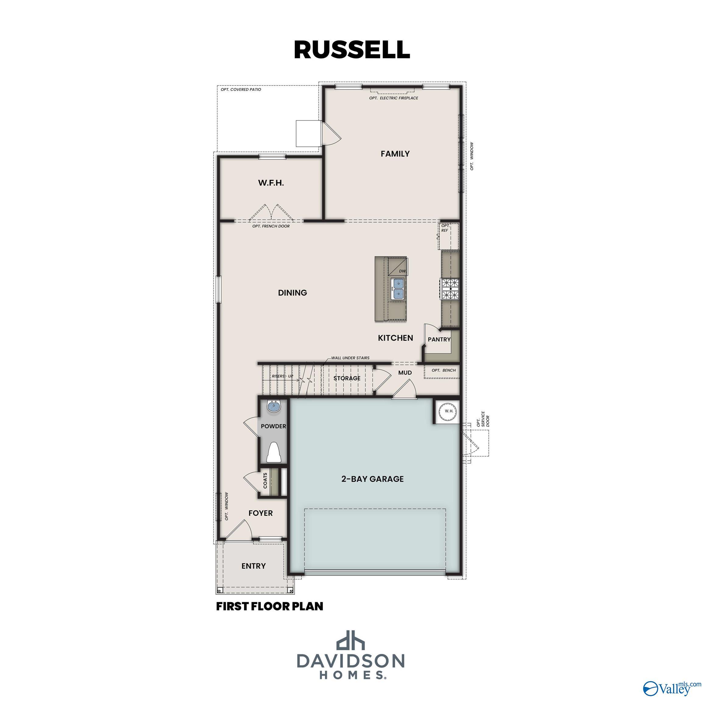 Detailed first floor plan of The Russell A by Davidson Homes: open kitchen, dining, family room, 2-car garage in 4-bed Huntsville AL home