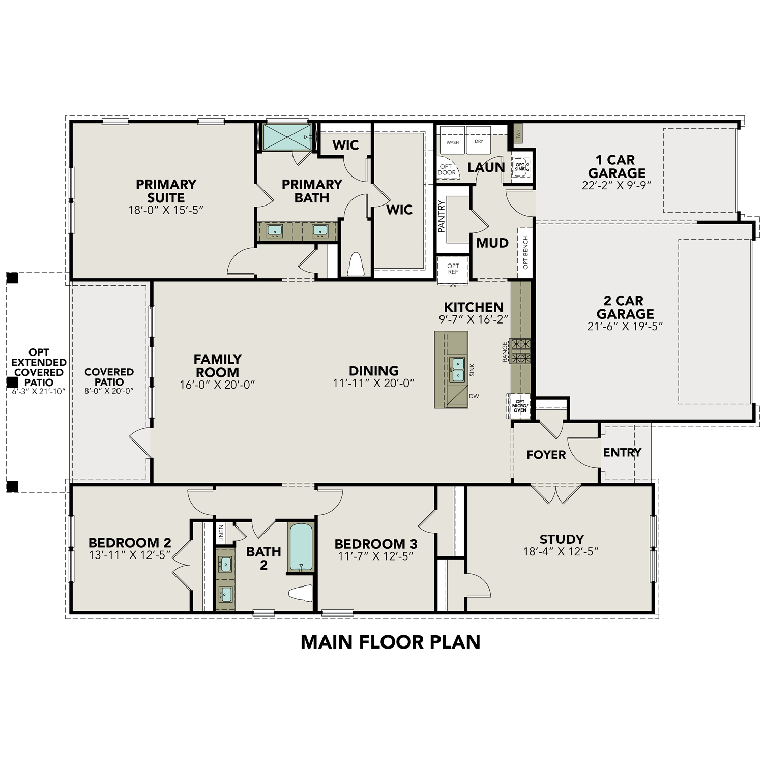 First floor plan of The Lanier showcasing primary suite, open-concept family room, kitchen, dining, 3 bedrooms, and 3-car garage