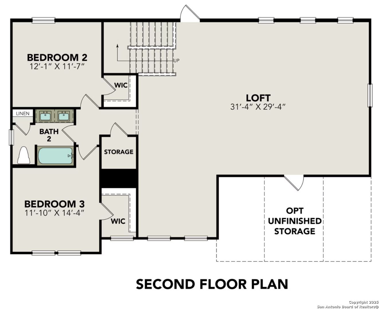Second floor plan featuring Bedroom 2, Bedroom 3, loft, baths, and storage in Davidson Homes The Belmont H, Castroville, Texas