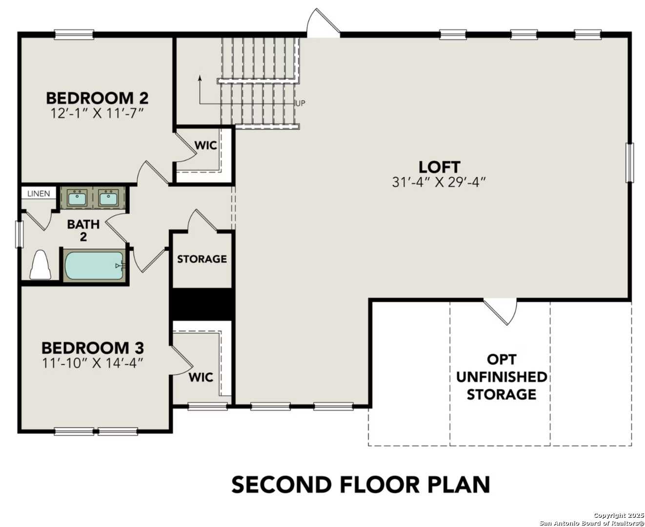Second floor plan featuring Bedroom 2, Bedroom 3, loft, baths, and storage in Davidson Homes The Belmont H, Castroville, Texas