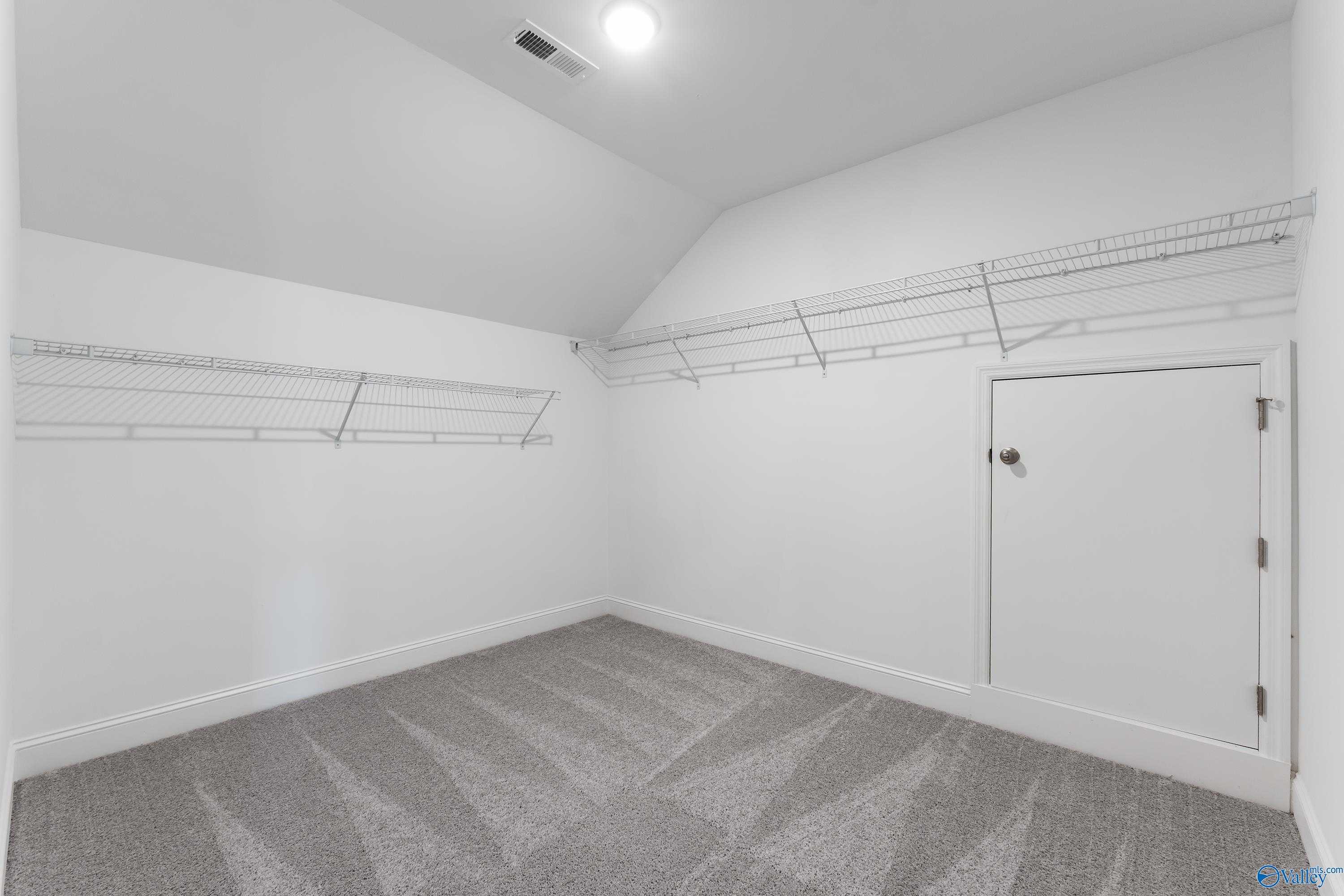 Spacious walk-in closet with vaulted ceiling, wire shelving and carpet floor in Davidson Homes The Rockford, Harvest, Alabama
