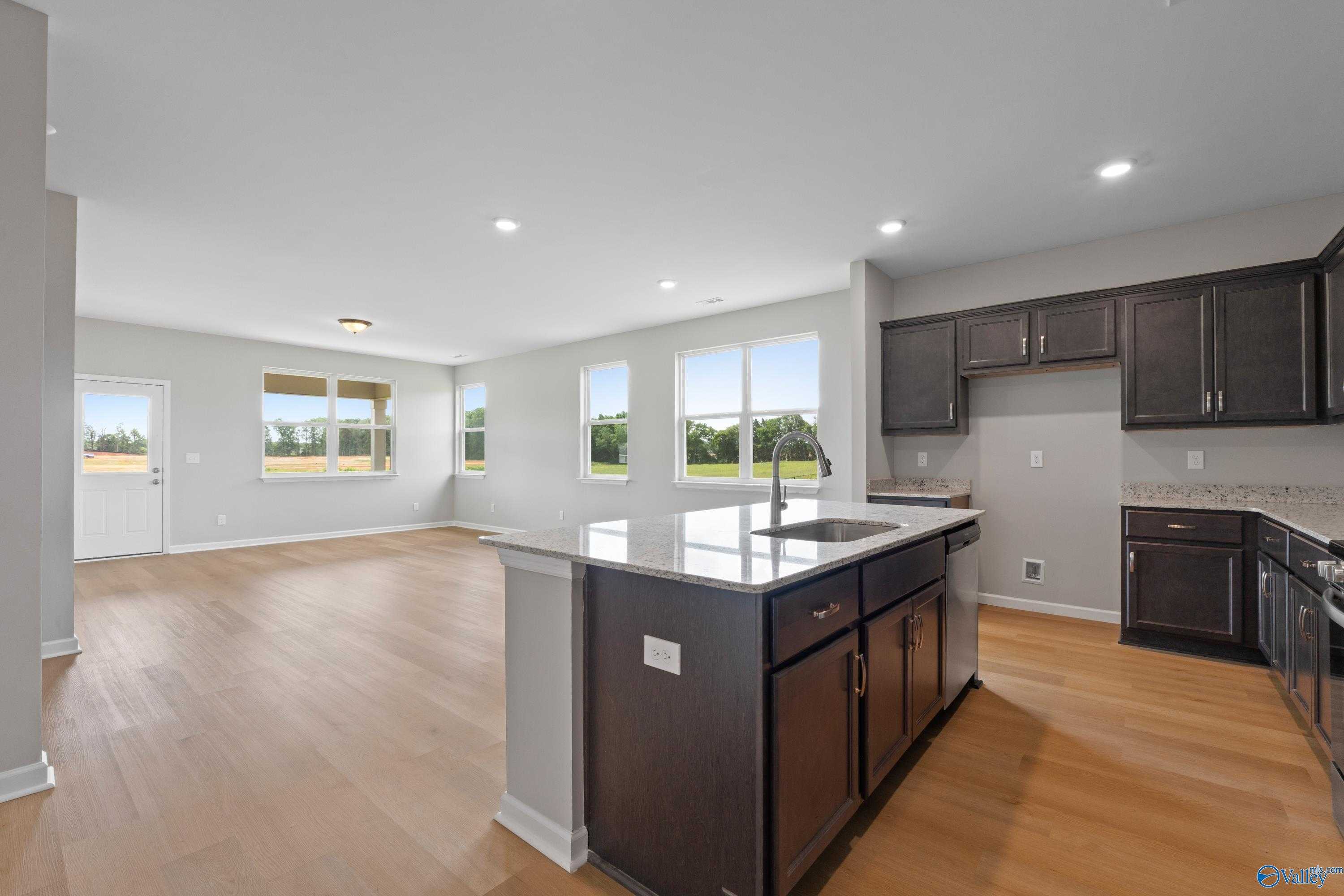 Open-concept kitchen with dark cabinets, white quartz island, stainless appliances, and large windows in Evermore Aurora home, Harvest AL
