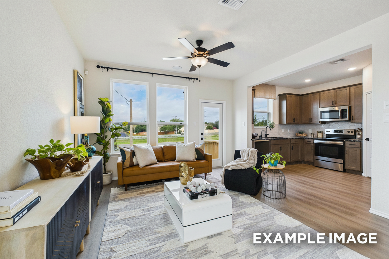 Open-concept living room with leather sofa, plants, and ceiling fan adjoining modern kitchen in Davidson Homes The Florence C, San Antonio, Texas