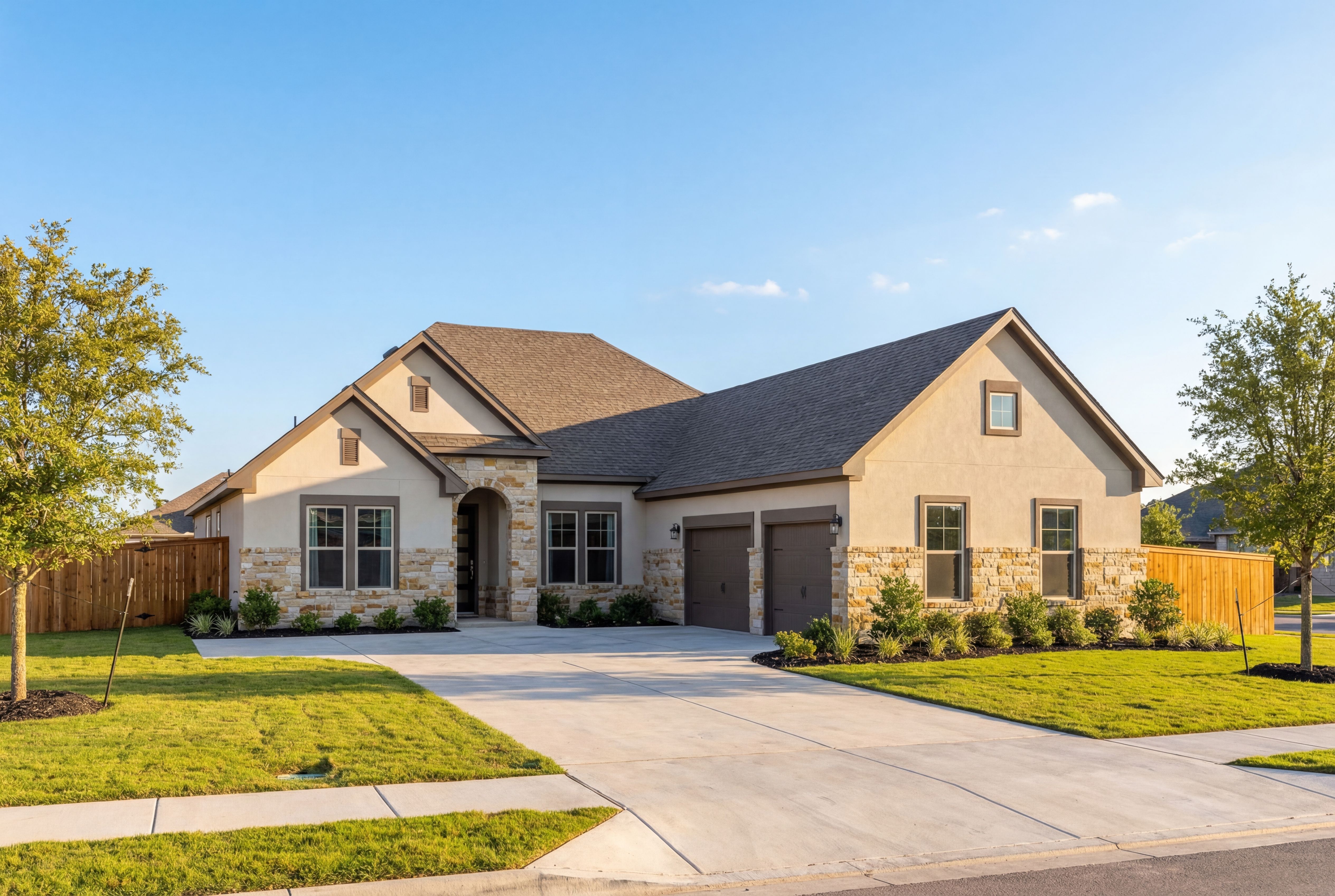 Modern ranch-style exterior of The Oxford by Davidson Homes, stone accents, 3-car garage, lush landscaping in Castroville Texas