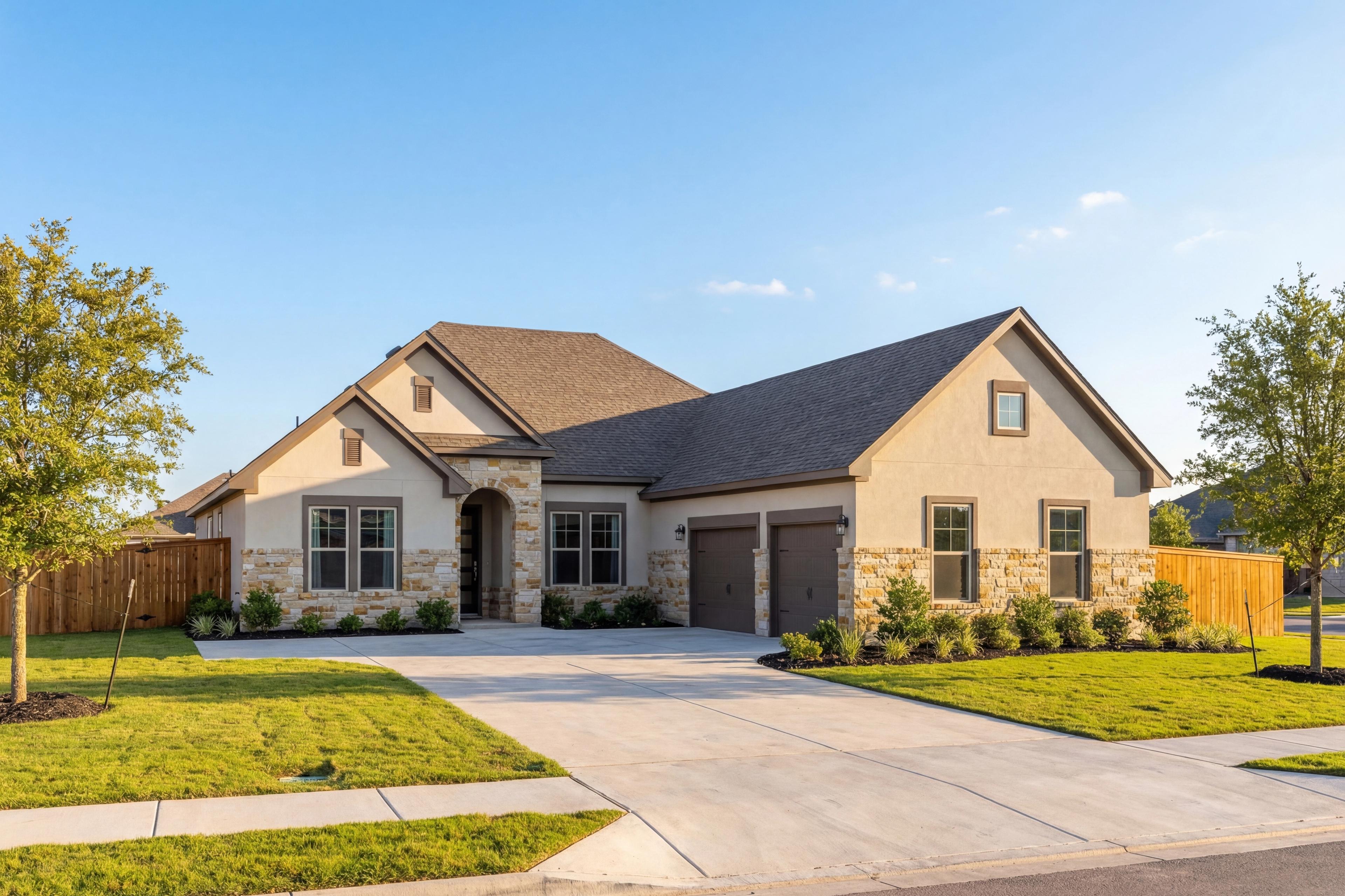 Modern ranch-style exterior of The Oxford by Davidson Homes, stone accents, 3-car garage, lush landscaping in Castroville Texas