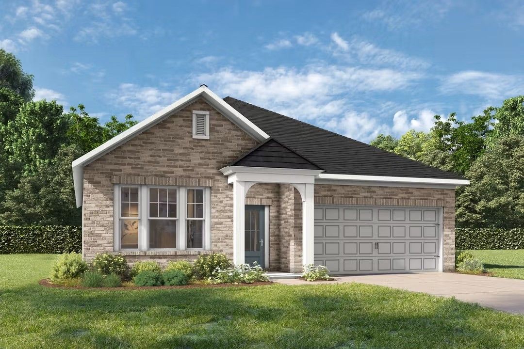 Single-story Laurel I floor plan by Davidson Homes with brick exterior, 2-car garage, and front porch in Heartland, Texas.