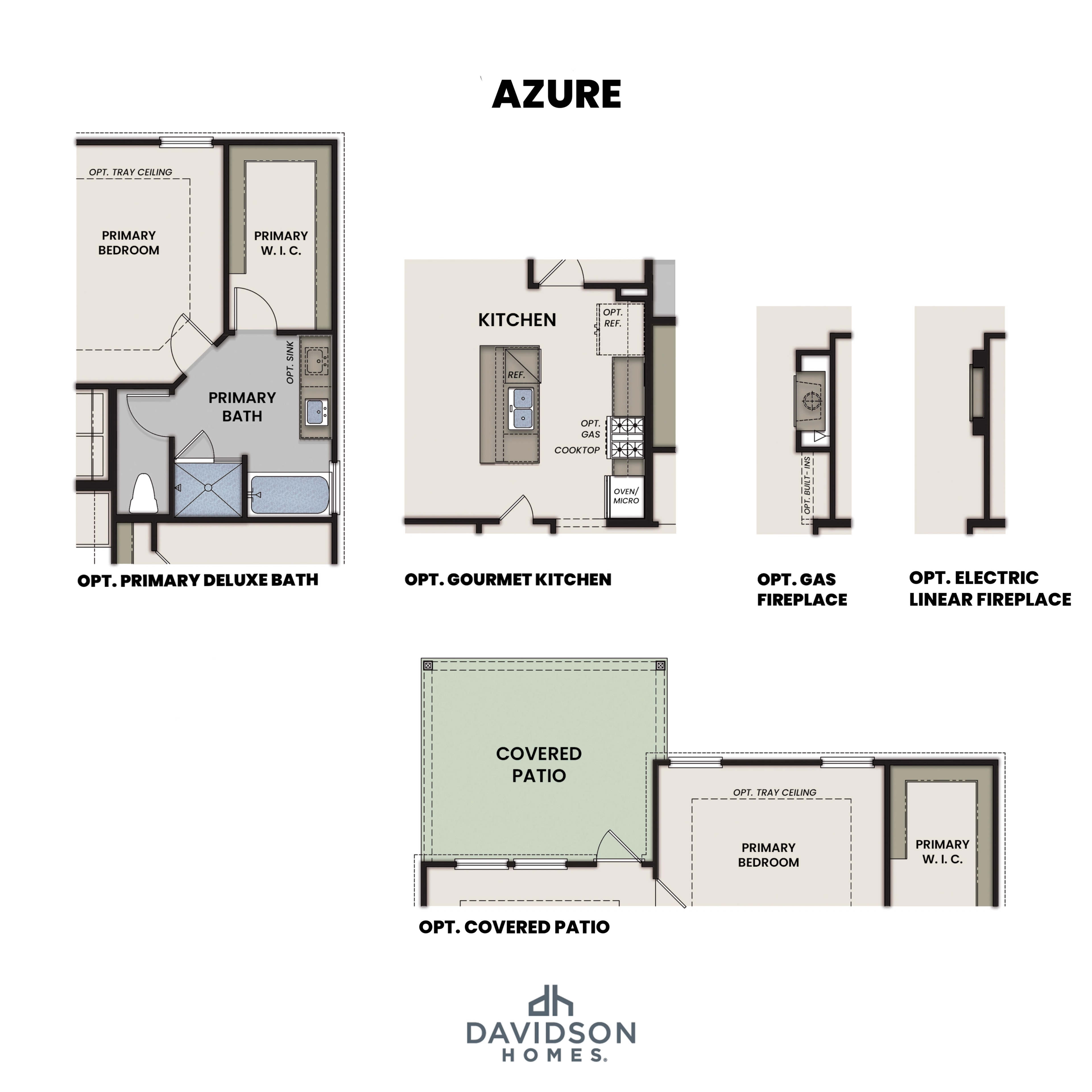 Azure floor plan by Davidson Homes: 3-bed, 2-bath layout with primary suite, gourmet kitchen option, covered patio, and fireplace variants