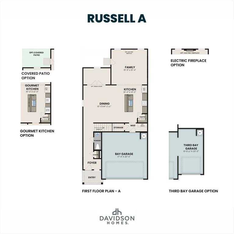 Russell A first floor plan by Davidson Homes: gourmet kitchen, family room, covered patio, 3-bay garage option in Winder, Georgia