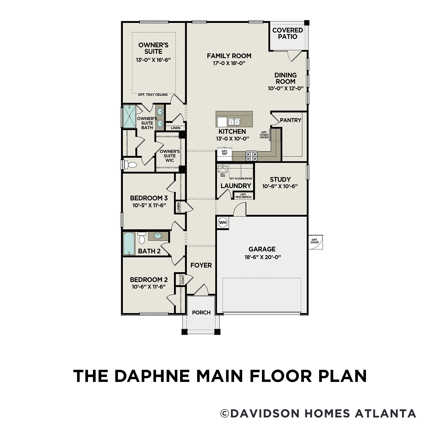 Main floor plan of The Daphne featuring owner's suite, open kitchen, family room, study, and 2-car garage by Davidson Homes