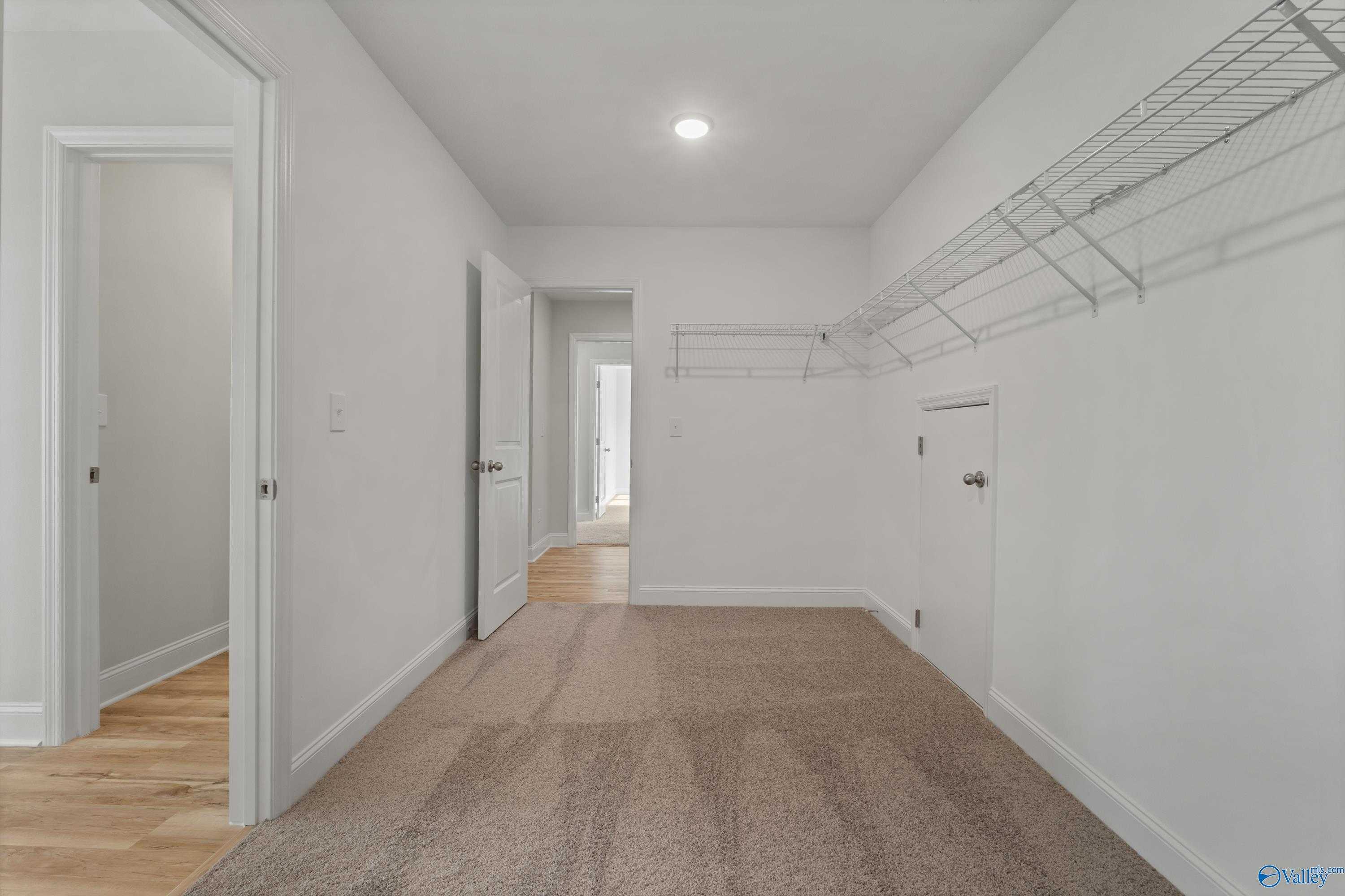 Spacious walk-in closet with wire shelving, double doors, and beige carpet in master suite, Davidson Homes Chelsea C, Harvest AL