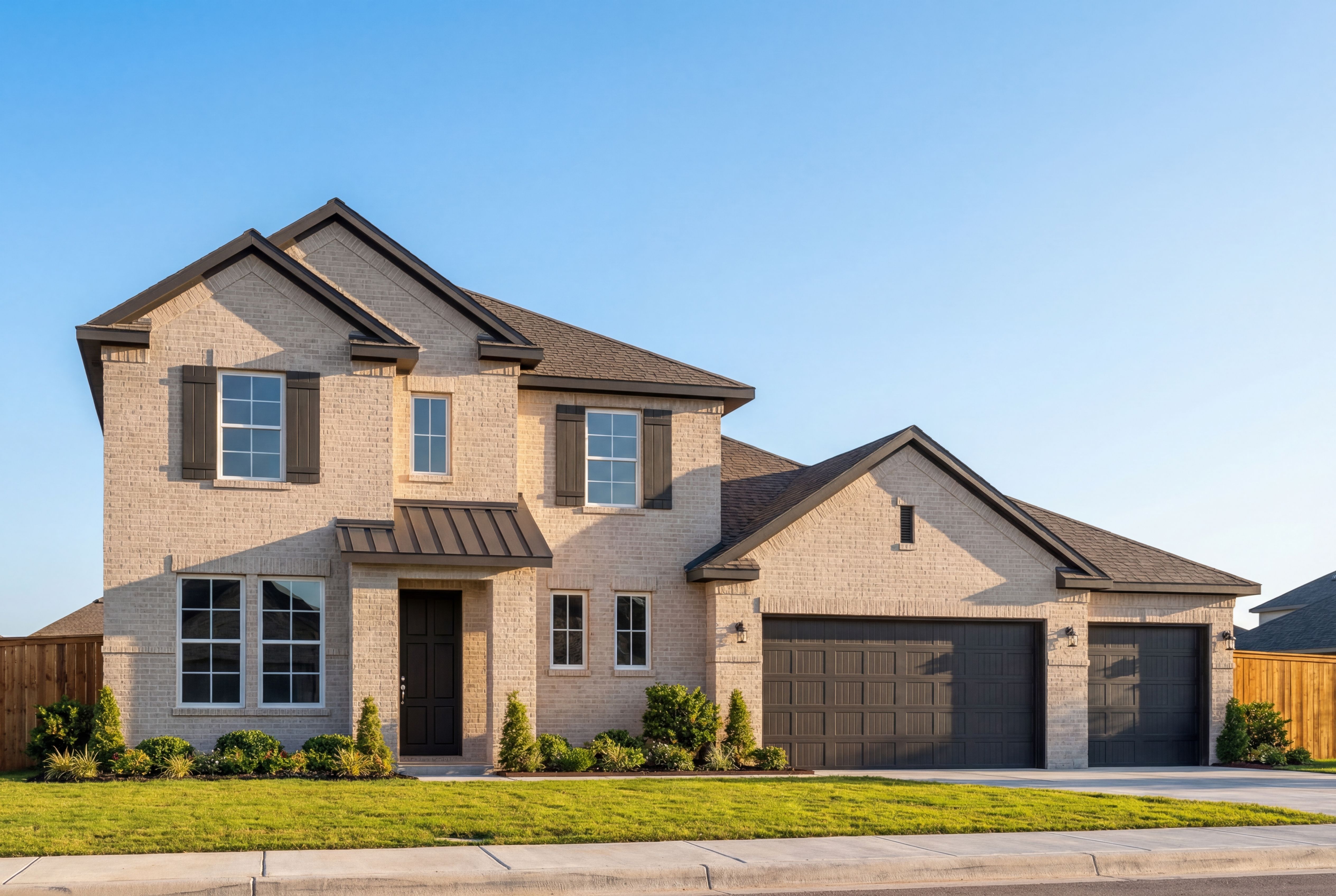 Modern two-story Philip A home elevation with brick siding, 3-car garage, and master suite on main floor in Texas City