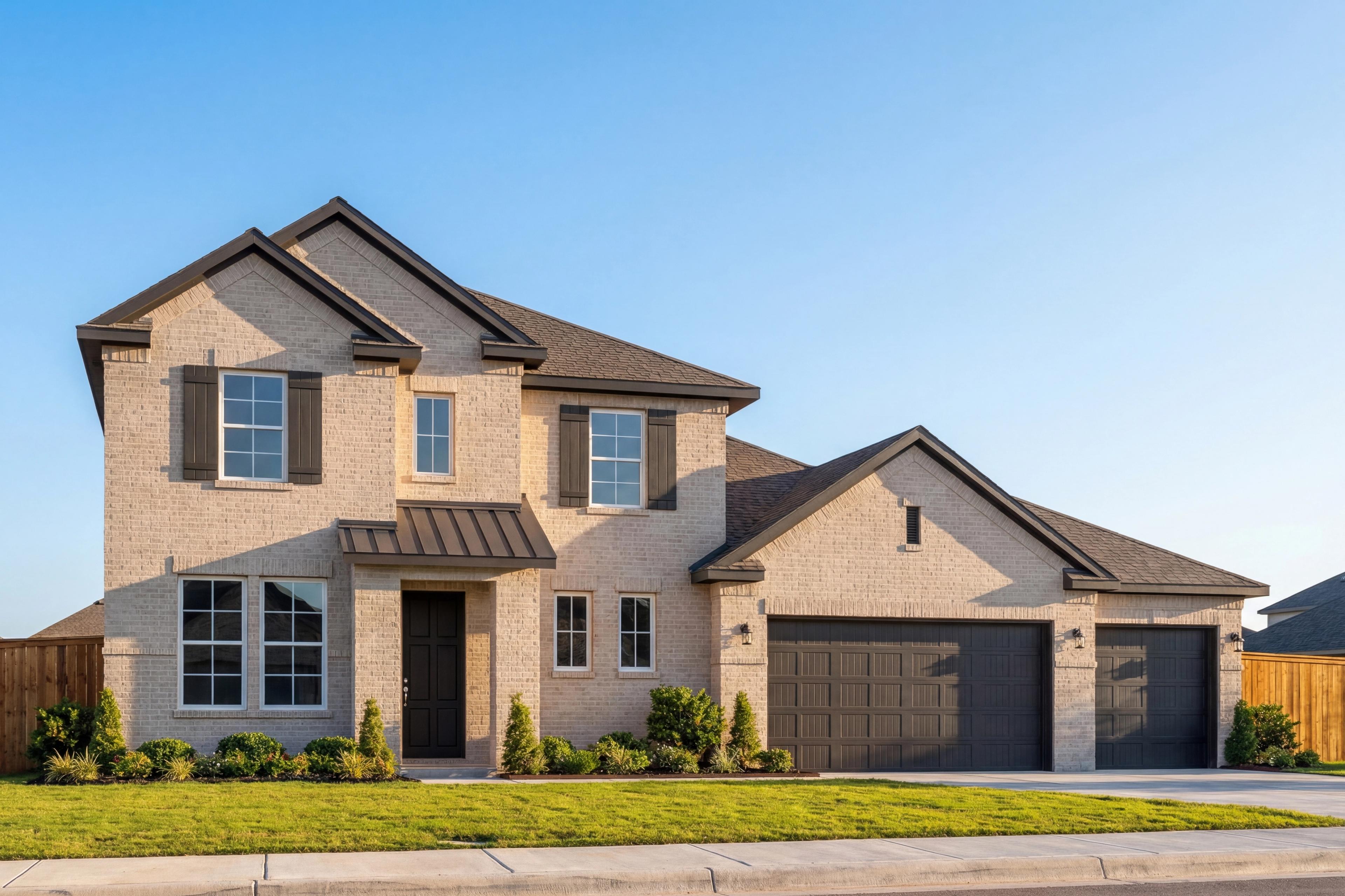 Modern two-story Philip A home elevation with brick siding, 3-car garage, and master suite on main floor in Texas City