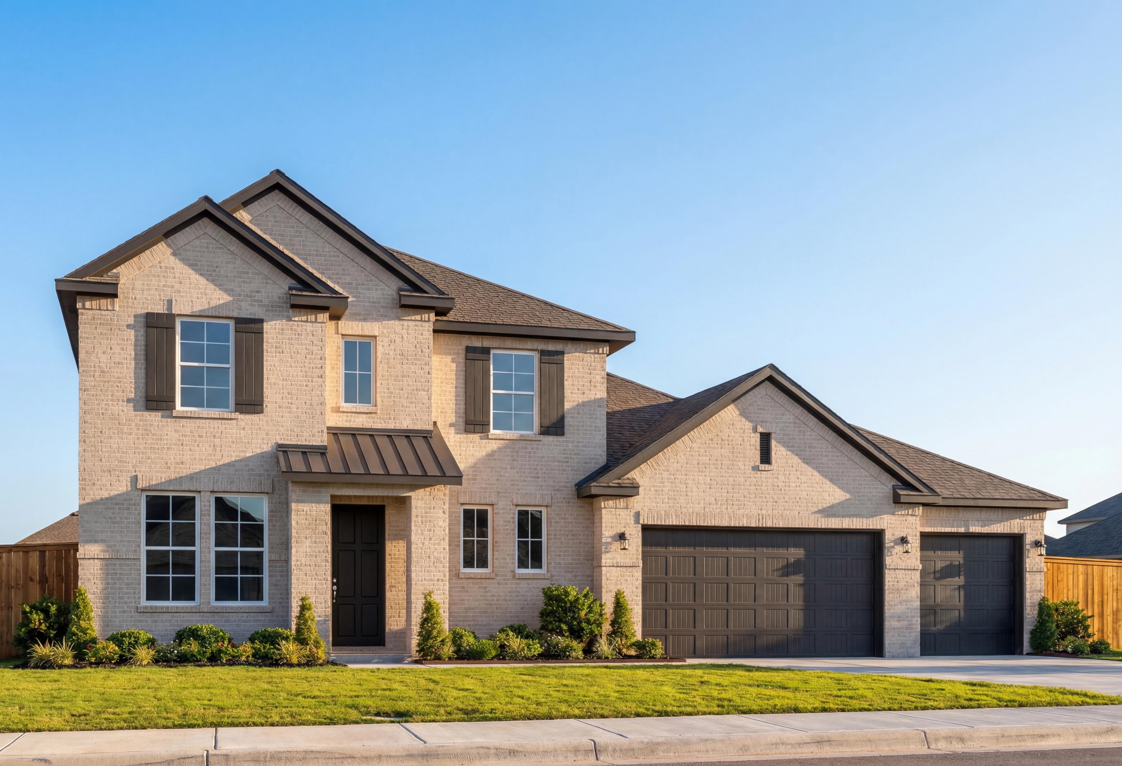 Modern two-story Philip A home elevation with brick siding, 3-car garage, and master suite on main floor in Texas City