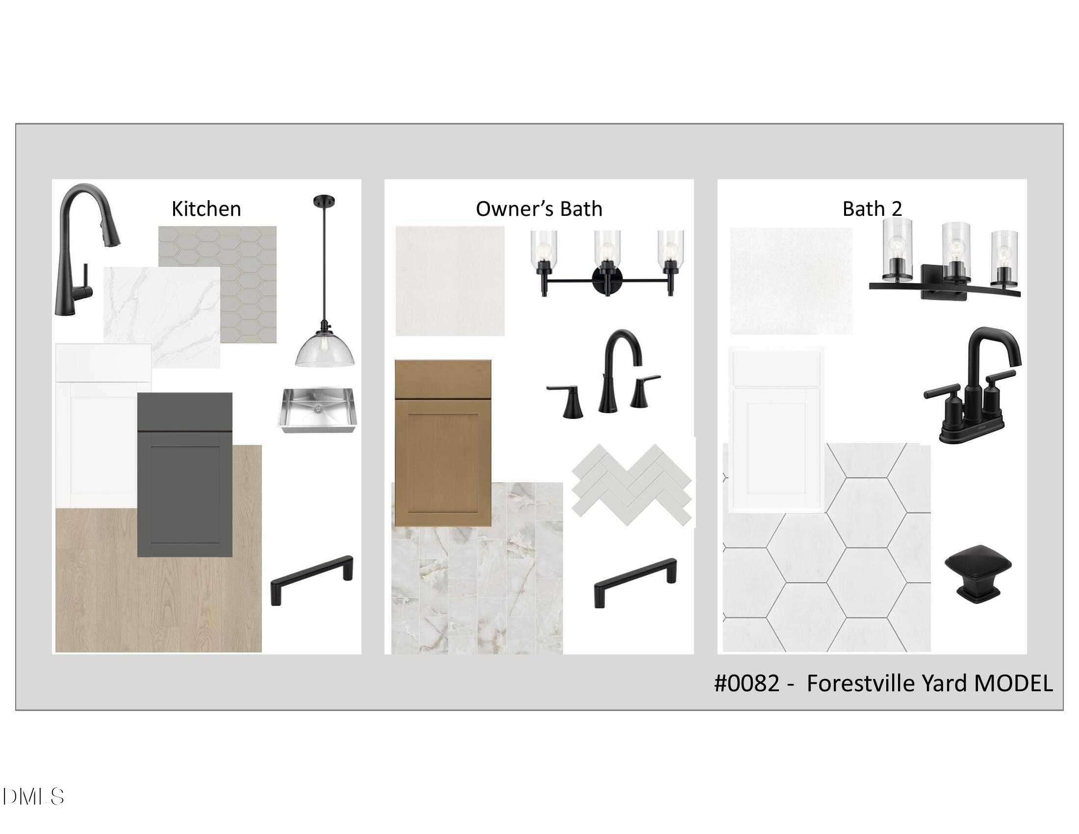 Modern kitchen with white quartz counters, pendant light, and matte black faucet; owner's bath vanity with marble tiles and sconces; Bath 2 hexagon tiles in Davidson Homes Alexander B, Forestville Yard, Knightdale