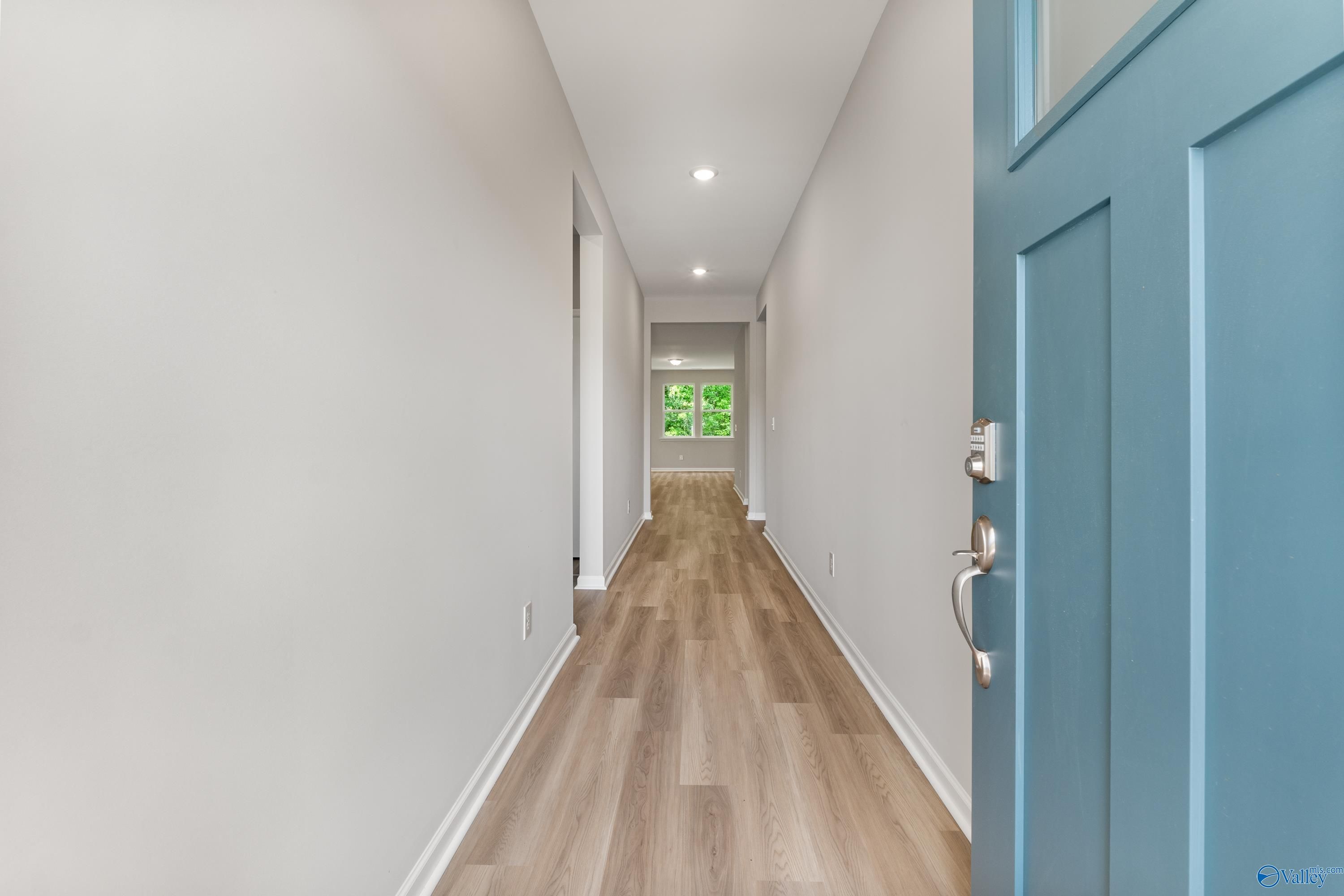Bright hallway with light wood floors, white walls, and blue entry door in Davidson Homes The Phoenix, Hazel Green, Alabama