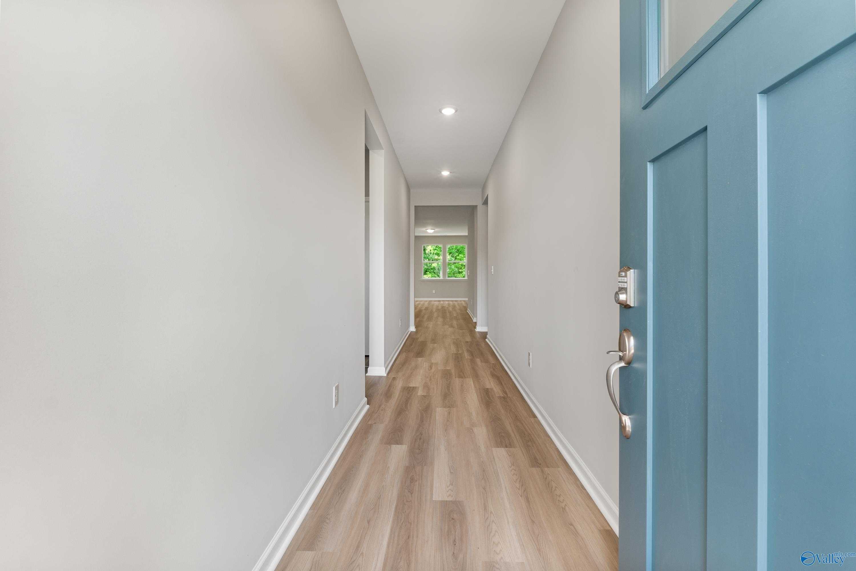 Bright hallway with light wood floors, white walls, and blue entry door in Davidson Homes The Phoenix, Hazel Green, Alabama