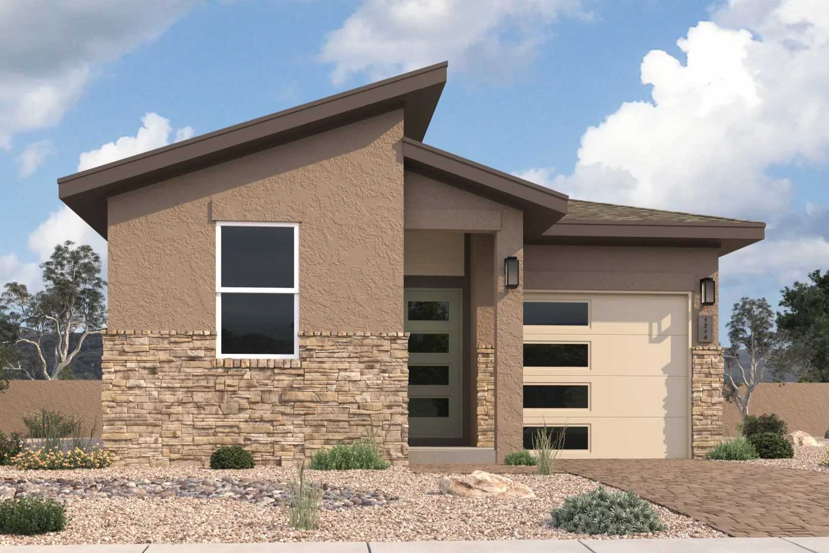 Contemporary desert-style home exterior at South Ranch Southern Collection in Prescott AZ with stone facade and garage