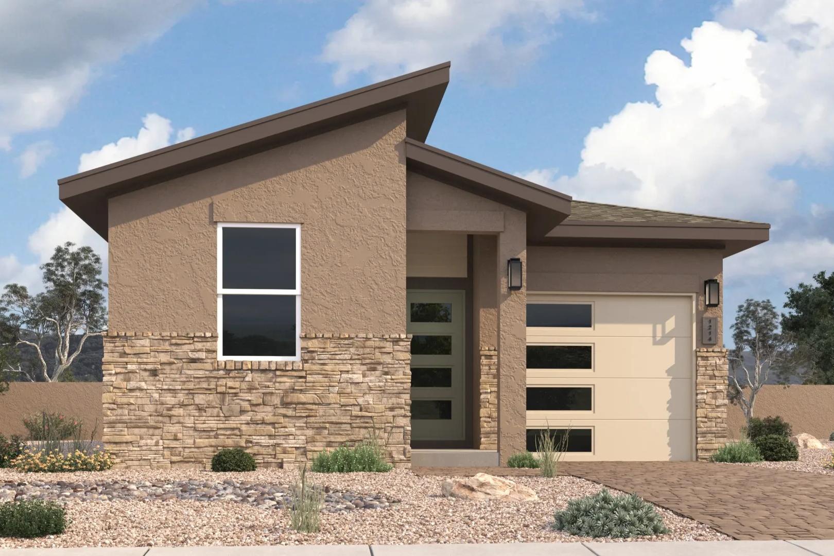 Contemporary desert-style home exterior at South Ranch Southern Collection in Prescott AZ with stone facade and garage