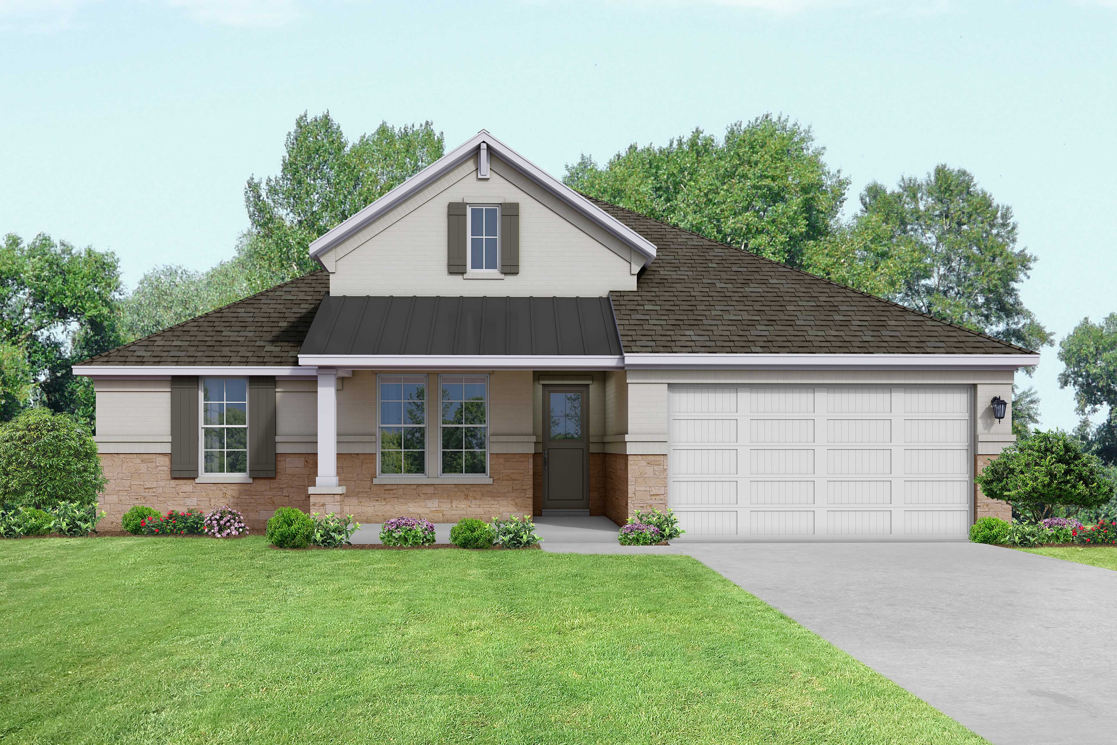 Front elevation of The Edward C 1-story home in Rosharon, Texas, with beige siding, brick base, gabled roof, and 2-car garage