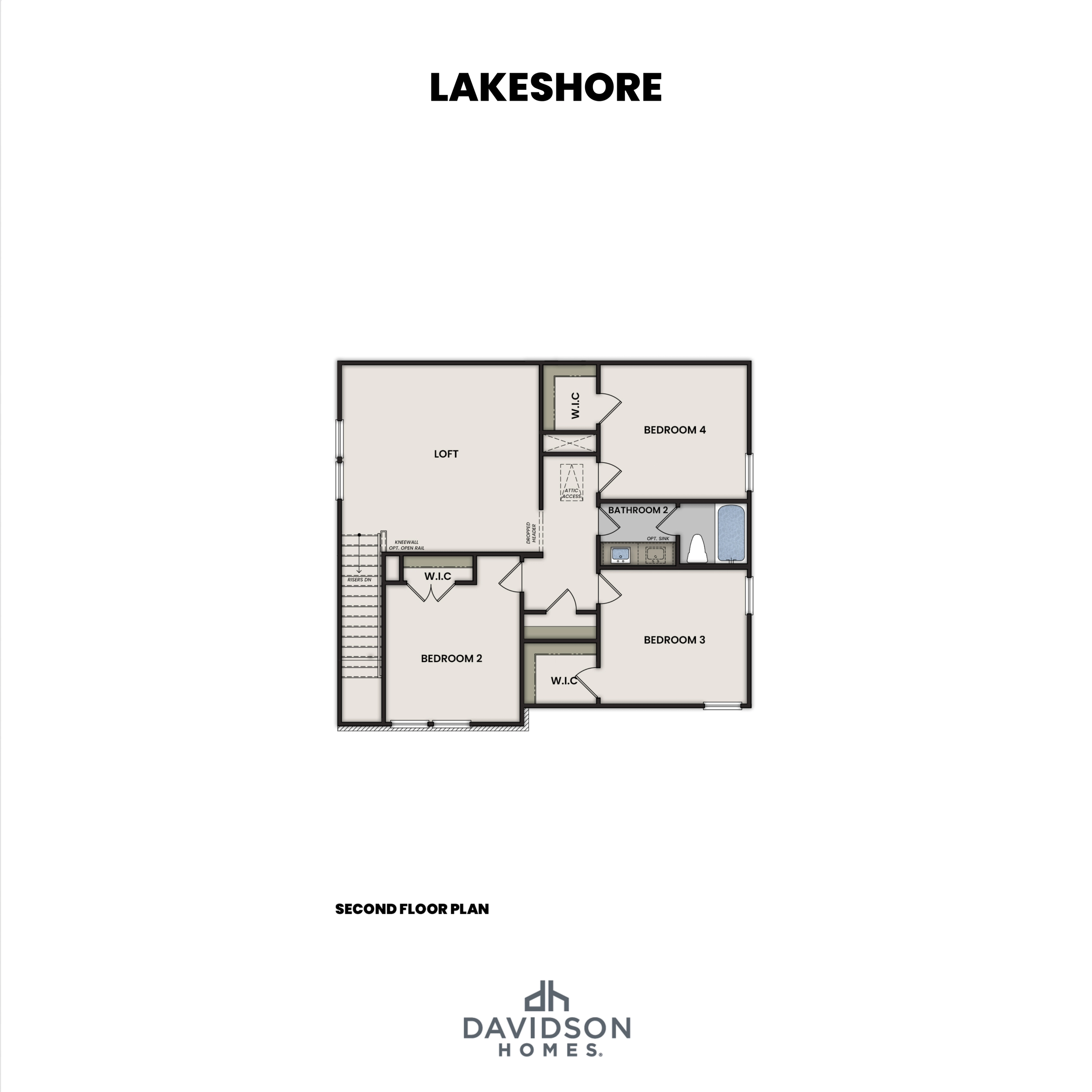 The Lakeshore second floor plan featuring loft, bedrooms 2-4, full bathroom, and walk-in closets by Davidson Homes