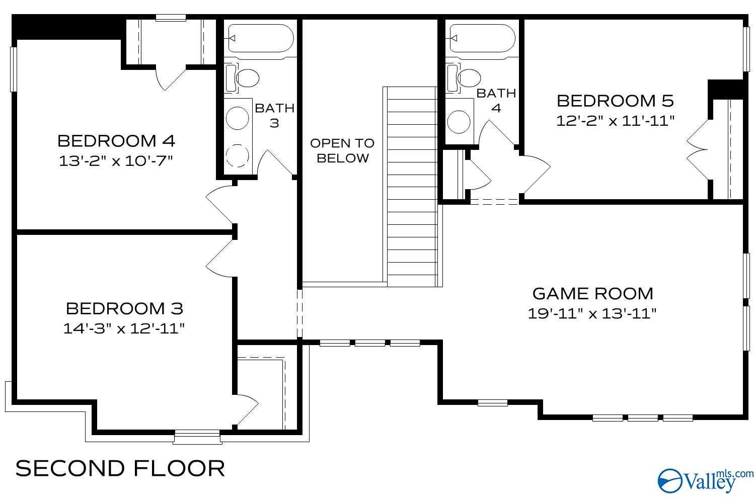 Second floor plan of The Haven home with bedrooms 4-5, baths, game room, stairs in Riverton Preserve, Huntsville, Alabama