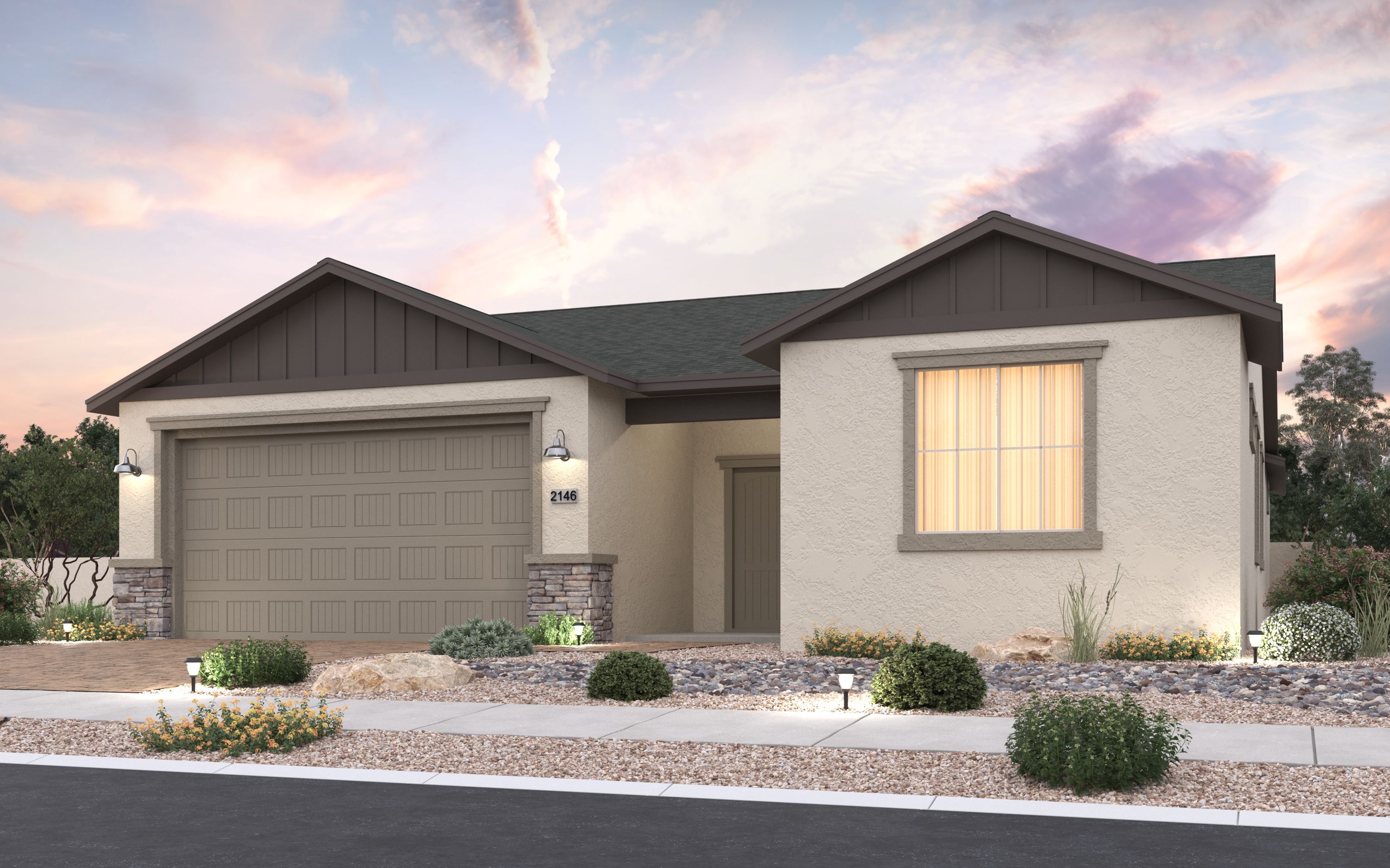 Modern single-story The Harmony B exterior with 3-car garage, stucco siding, desert landscaping, and sunset sky in Prescott Valley Arizona