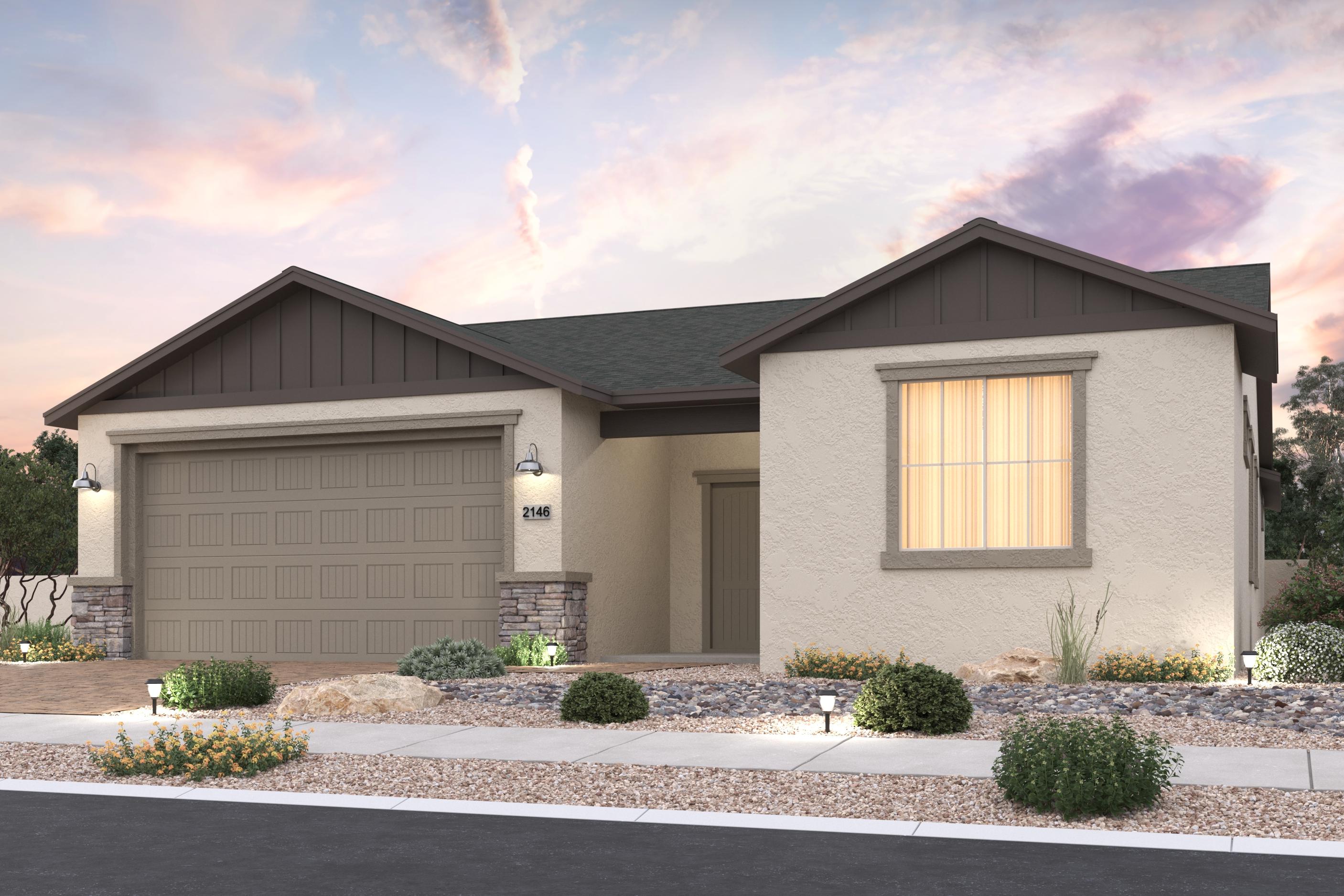 Modern single-story The Harmony B exterior with 3-car garage, stucco siding, desert landscaping, and sunset sky in Prescott Valley Arizona