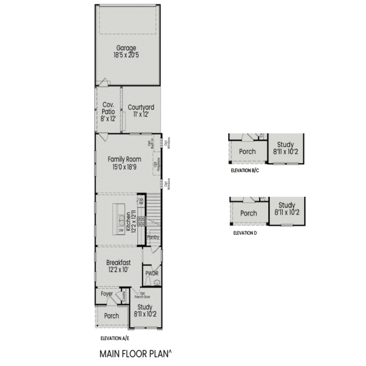 The Alexander C main floor plan by Davidson Homes featuring 2-car garage, open family room, kitchen, and courtyard in Knightdale NC